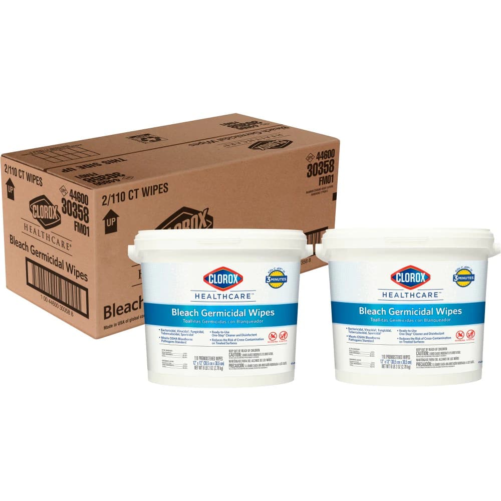 Clorox Healthcare Bleach Germicidal Wipes, 12 in x 12 in, Bucket of 110, Case of 2 (EPA 67619-12) - Clorox Healthcare Bleach Germicidal Wipes Bucket of 110 Case of 2 - Image 1