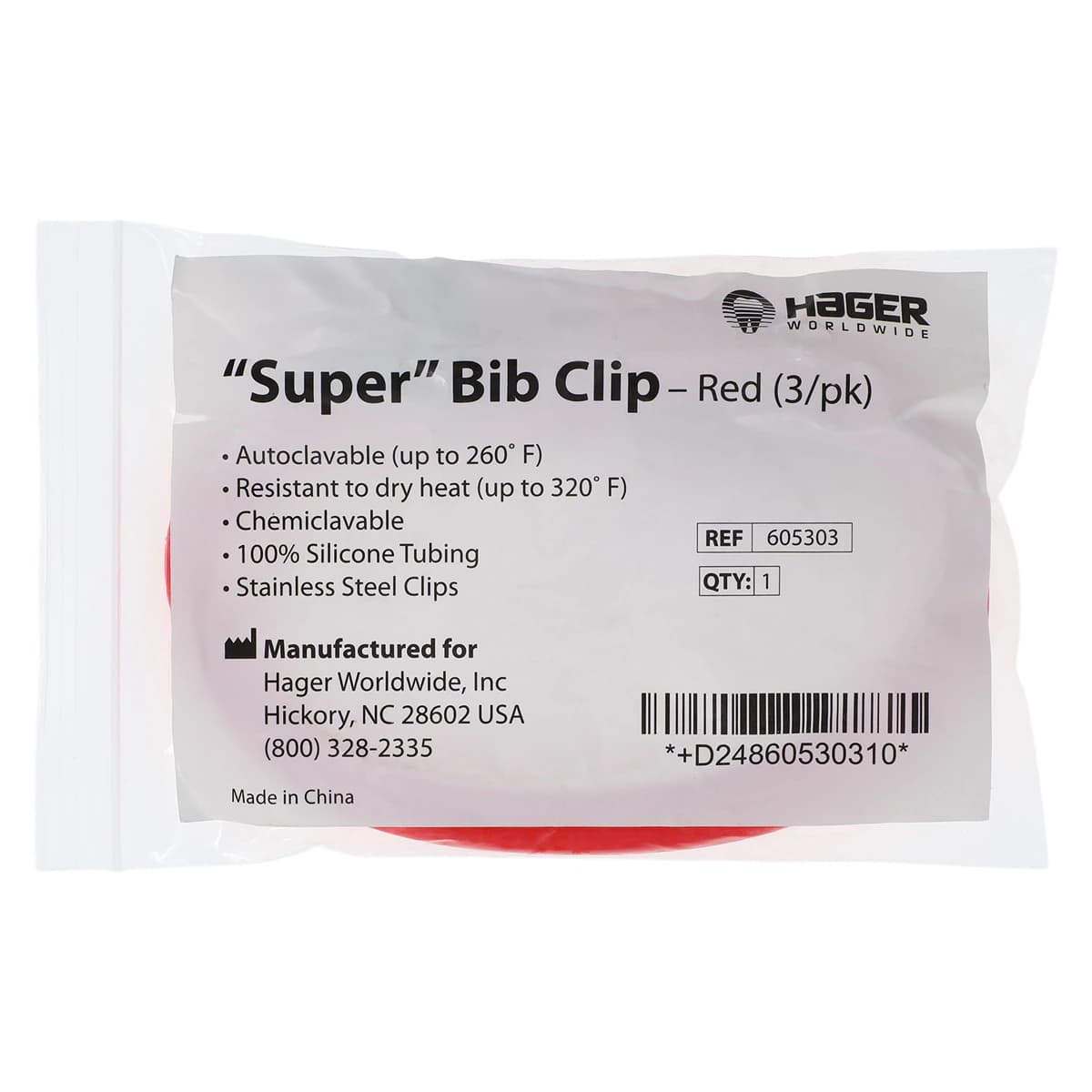 Hager Super Bib Clip, Red, 3/Pk, 14", Autoclavable, 605303 thumbnail 3