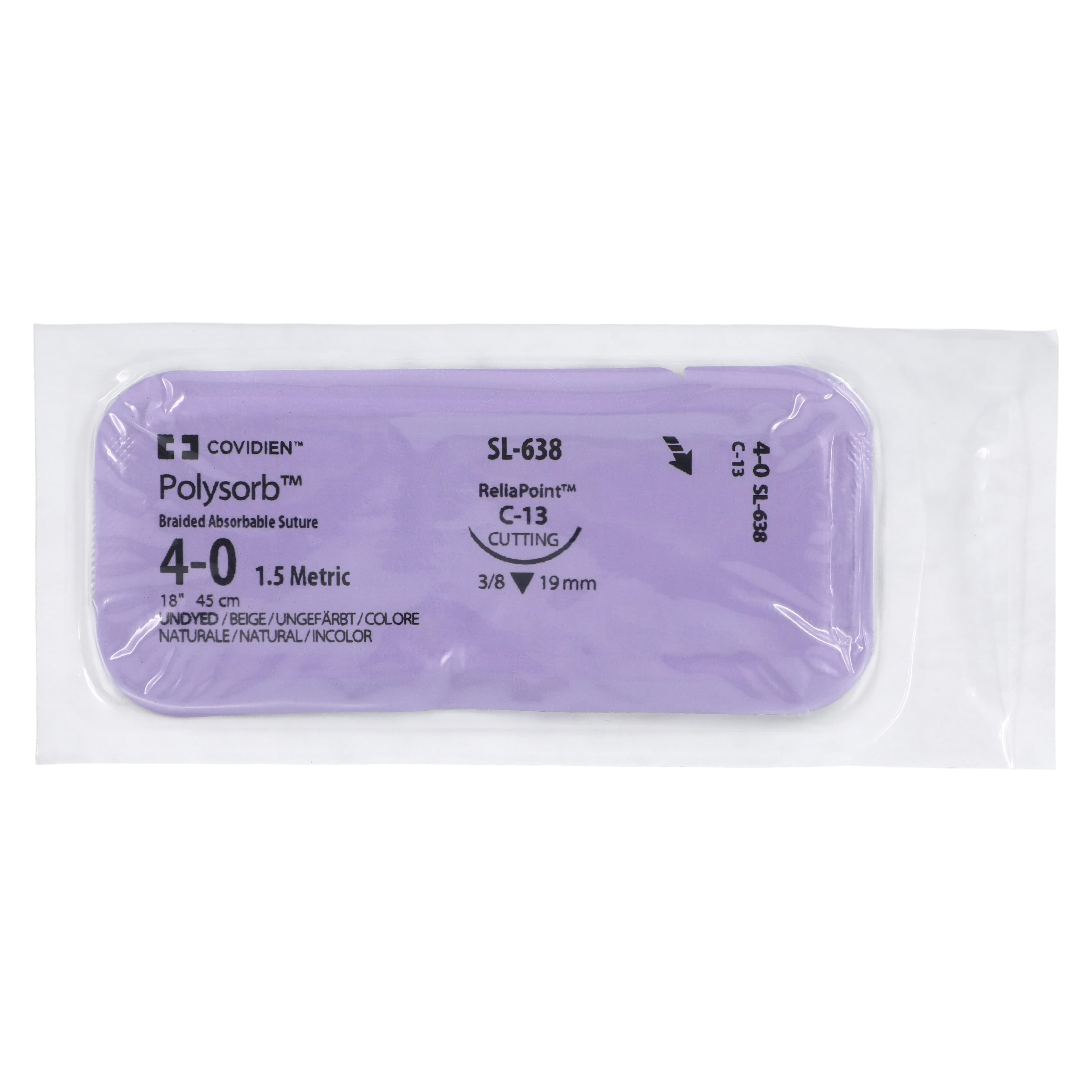 Medtronic Polysorb Absorbable Suture, 4-0, 18", C-13 Reverse Cutting 3/8 Circle Needle 19mm, Undyed, 12/Case thumbnail 3