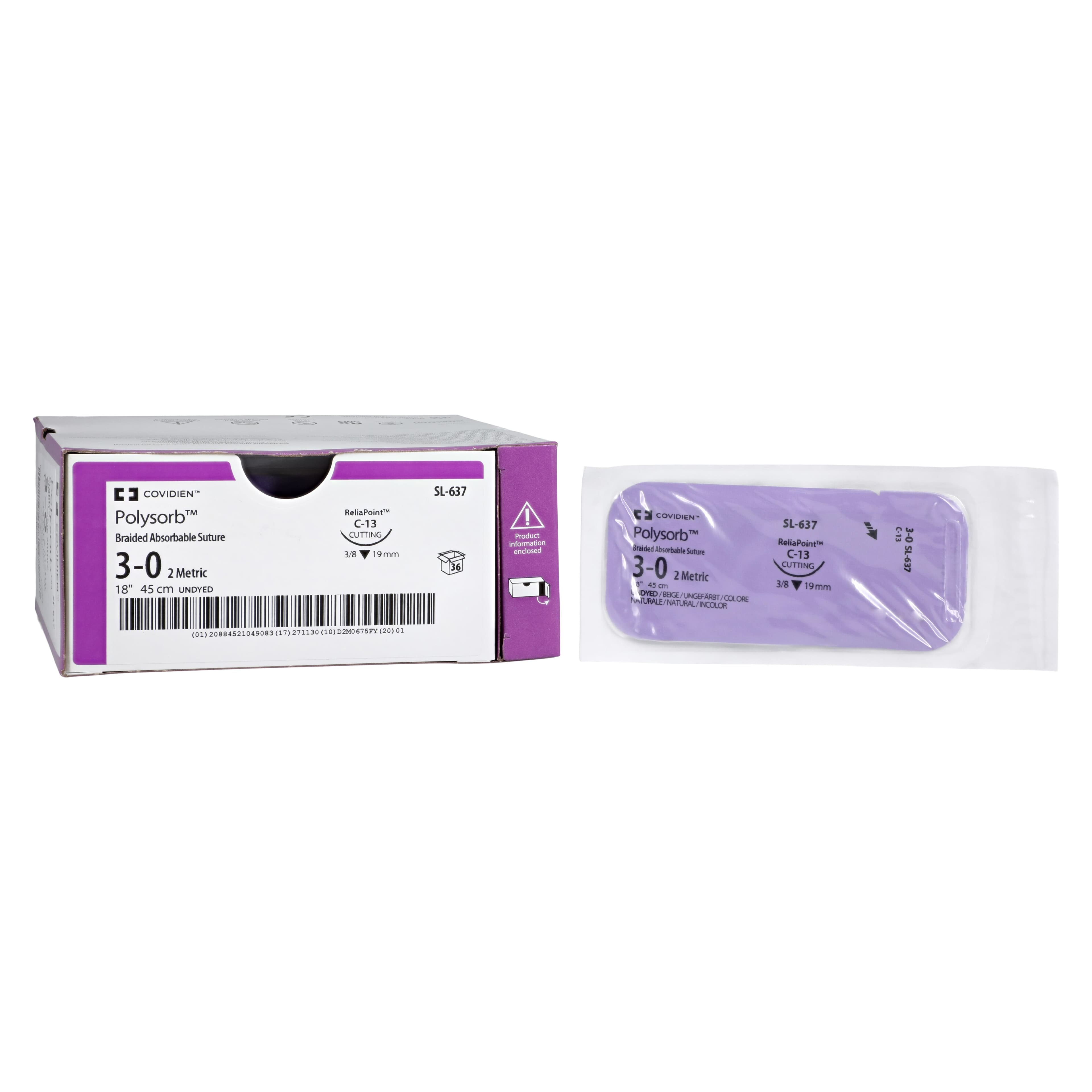 Medtronic Polysorb Suture, 3-0, 18" Polyester Braid, Absorbable, C-13 Reverse Cutting 3/8 Circle Needle 19mm, Undyed, 36/Case thumbnail 2