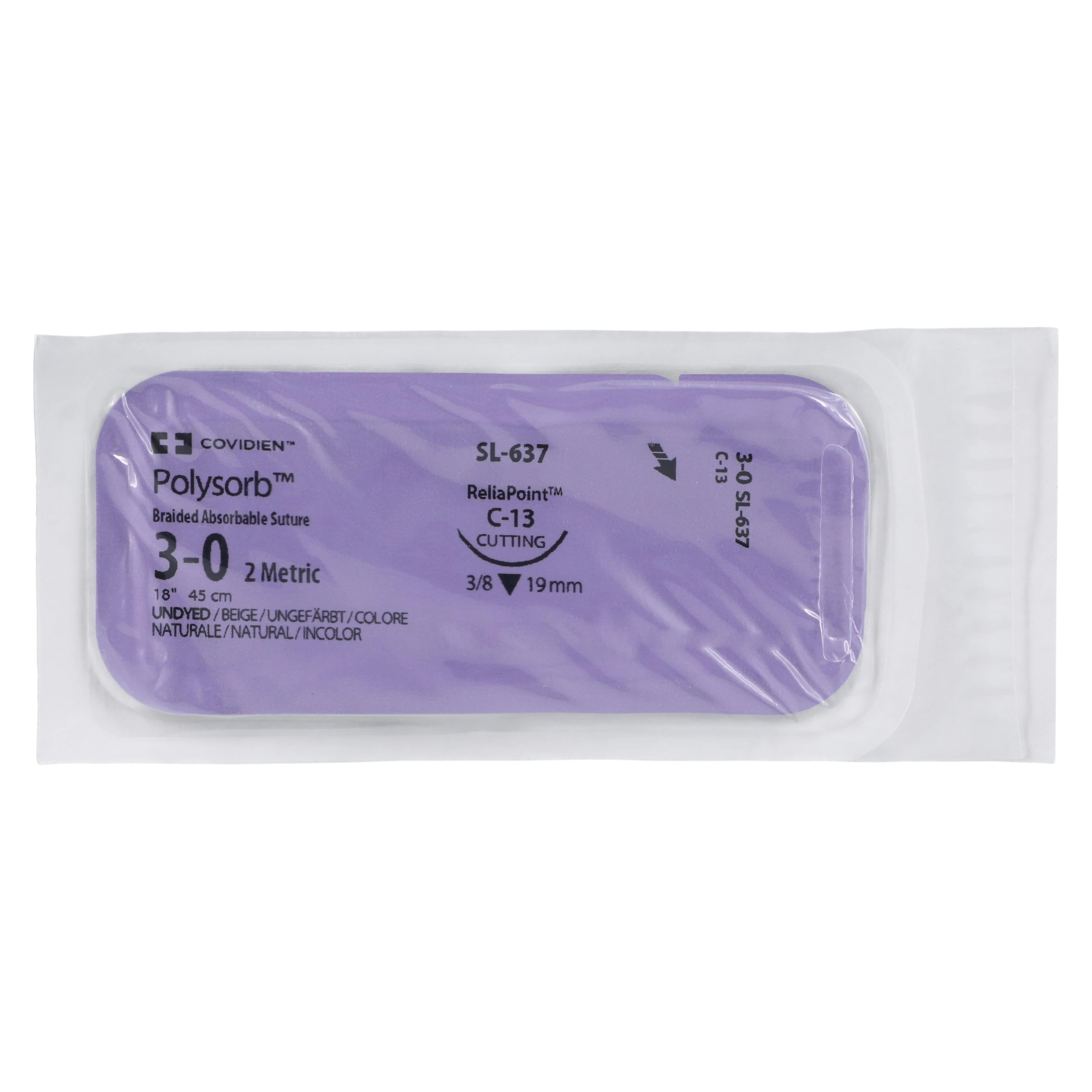 Medtronic Polysorb Suture, 3-0, 18" Polyester Braid, Absorbable, C-13 Reverse Cutting 3/8 Circle Needle 19mm, Undyed, 36/Case thumbnail 3