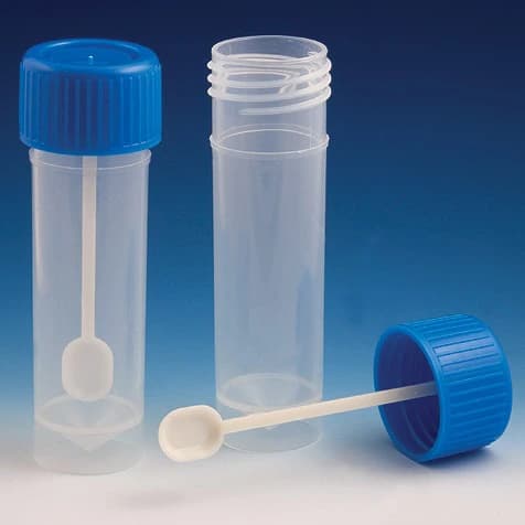 Globe Scientific Fecal Specimen Container with Spoon, 30mL, Polypropylene, Non-Sterile, Clear, Conical Bottom, Self-Standing, 500/Case - Container Fecal Spoon/Cap - Image 1