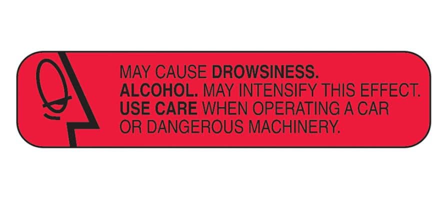 Health Care Logistics 'May Cause Drowsiness' Pharmacy Warning Label, Red/Black, 1-5/8" x 3/8", 1000/Roll - Label May Cause Drowsiness - Image 1