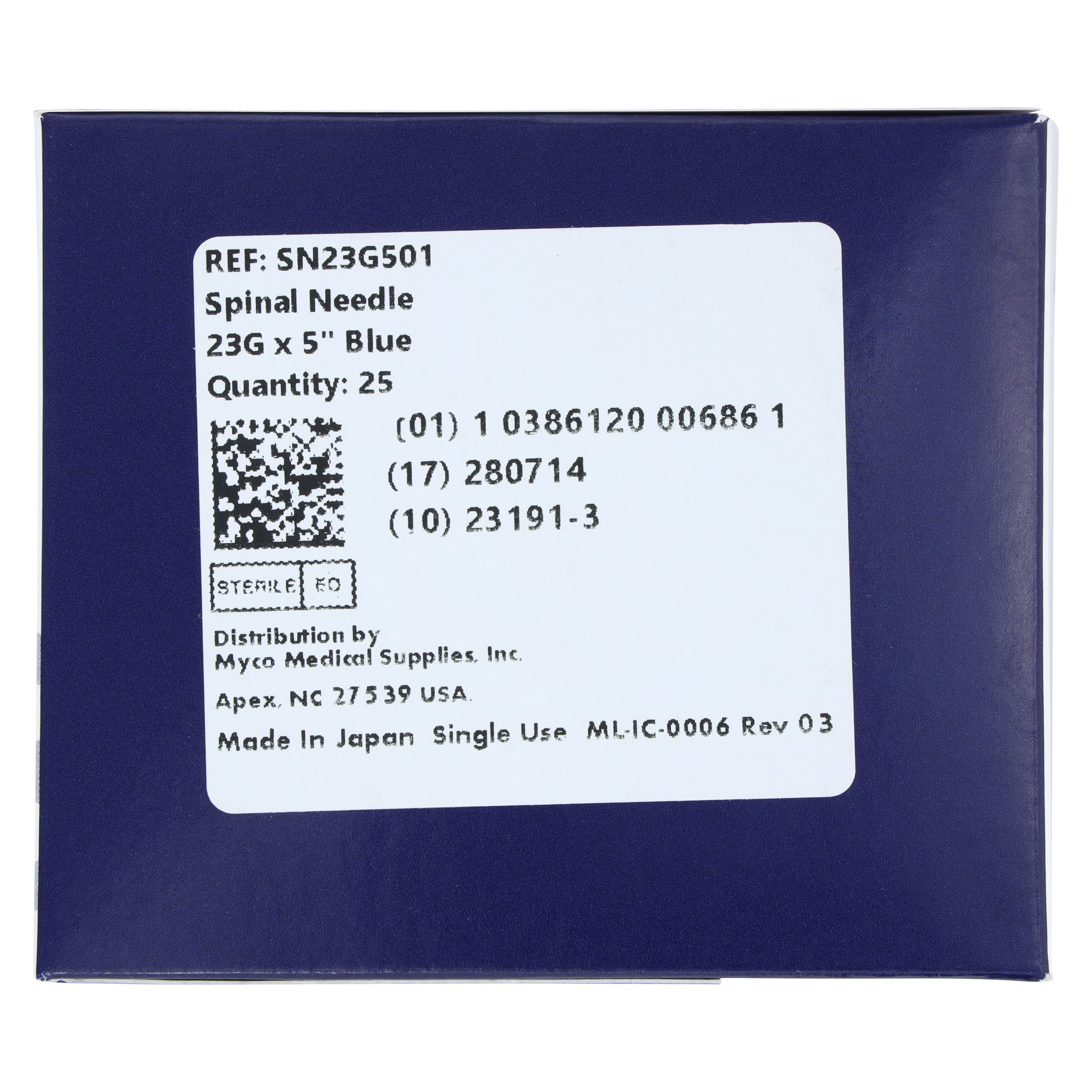 Myco Medical Reli Quincke Point Spinal Needle, 23G x 5", Sterile, Blue, 25/Bx, SN23G501 thumbnail 3