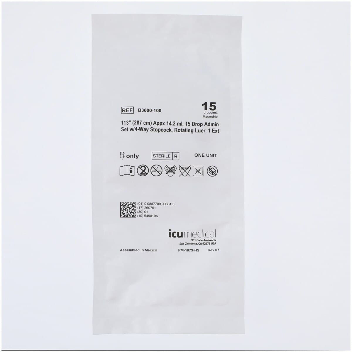 ICU Medical IV Administration Set with 4-Way Stopcock, 15 Drops/mL, 113" Tubing, 50/Case thumbnail 2