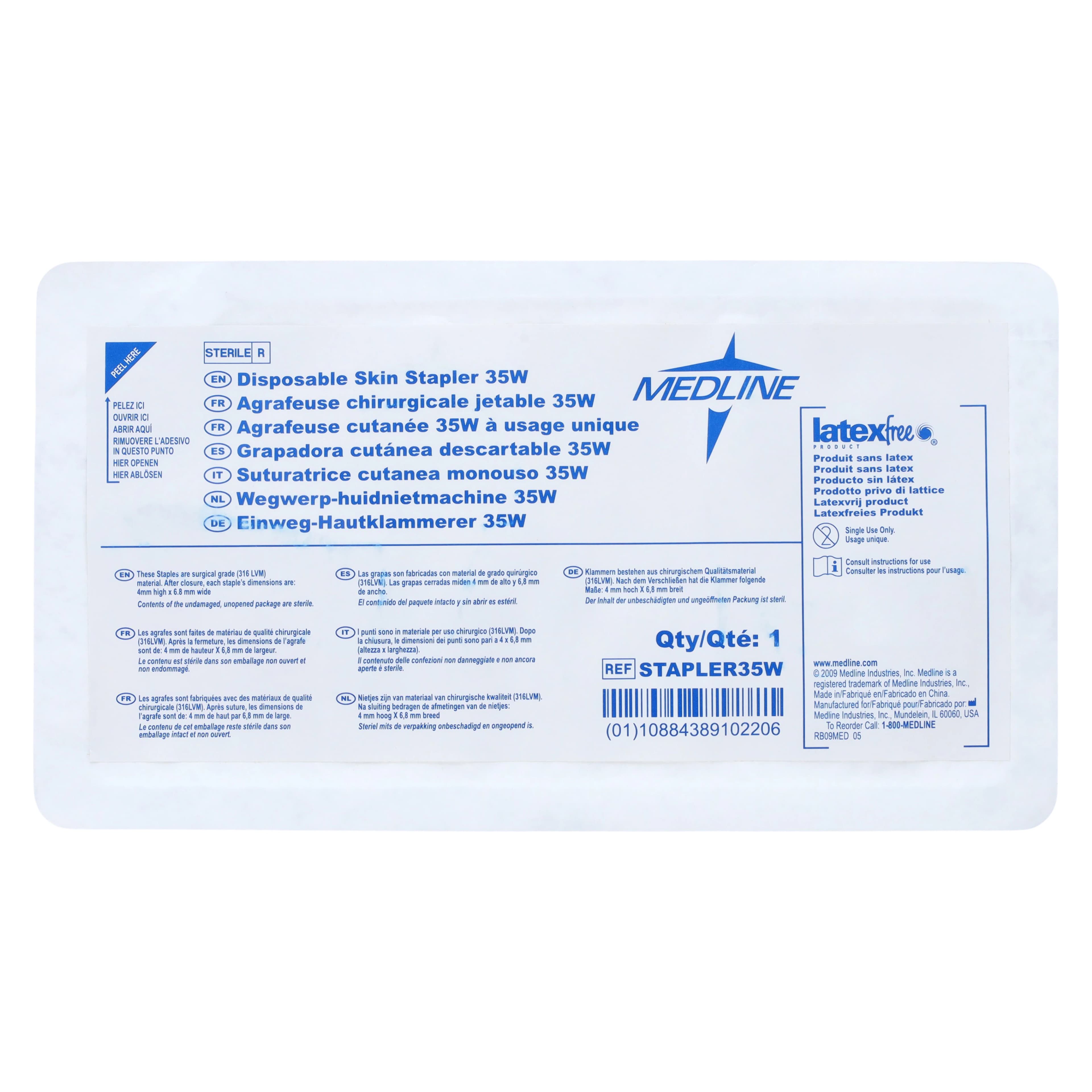 Medline Skin Stapler, Stainless Steel, Squeeze Handle, 35 Wide, 6/Case thumbnail 4