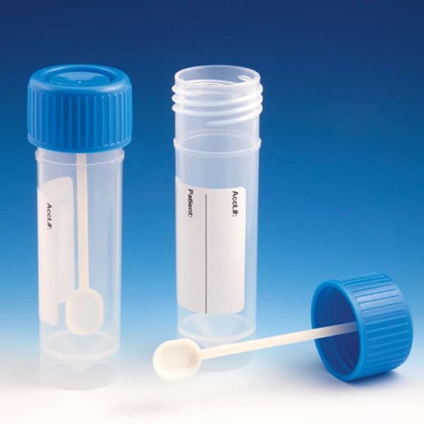 Globe Scientific Fecal Specimen Container, 30 mL, Polypropylene, with Spoon, Conical Bottom, ID Label, Non-Sterile, 500/Case - Container Fecal w/Spoon&Label& - Image 1