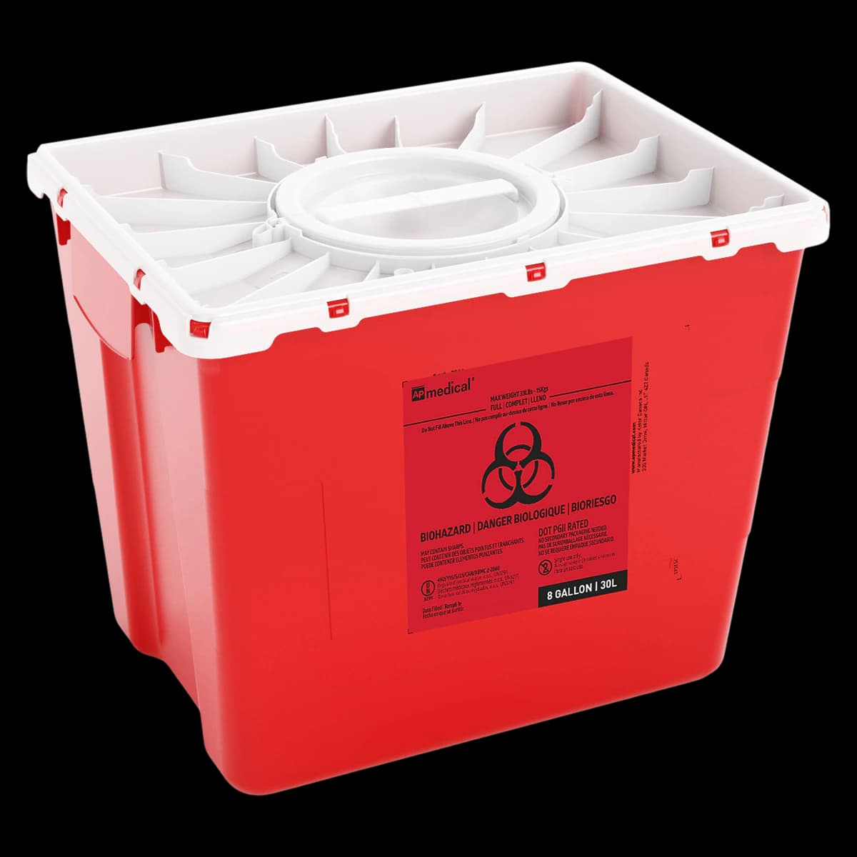PGII Sharps Waste Container, 8 Gallon, Red, Double Lid Horizontal Drop, Polyethylene, 9/Case - Sharps Waste Cont PGII Red - Image 1