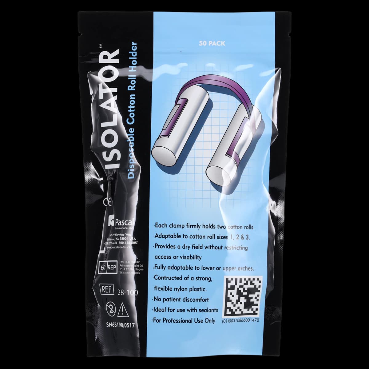 Pascal Isolators Disposable Cotton Roll Holder, Purple, Fits Sizes 1, 2 & 3, 50/Pk, 28-100 - Isolator Disposable Cotton Roll Holder 50/Pk - Image 1