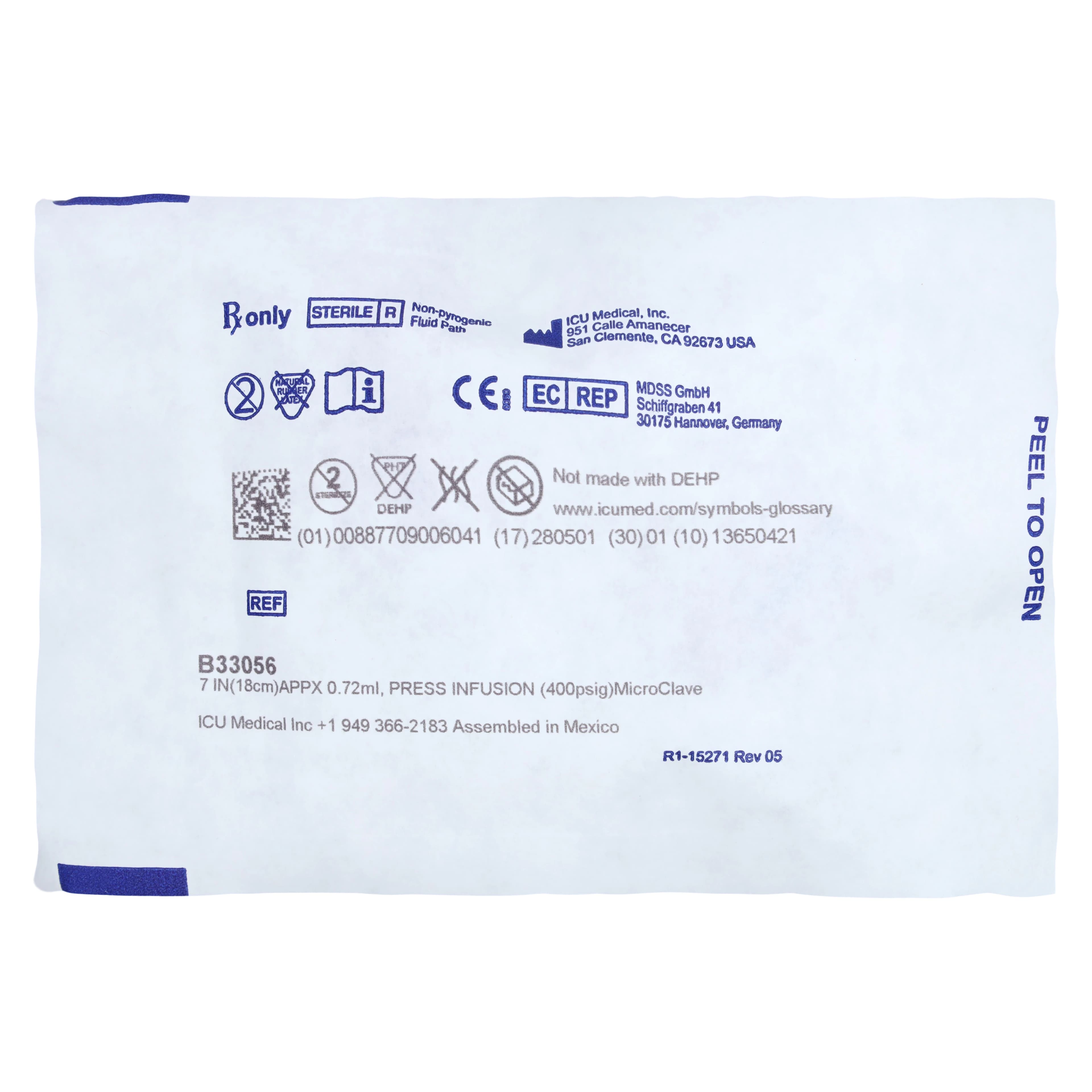ICU Medical Extension Set, High Pressure, 7" with Rotating Adapter, Purple Clamp, Removable Microclave, Non-DEHP, Priming Volume 0.72 mL, 50/Case - Ext Set High Pressure 7" - Image 1