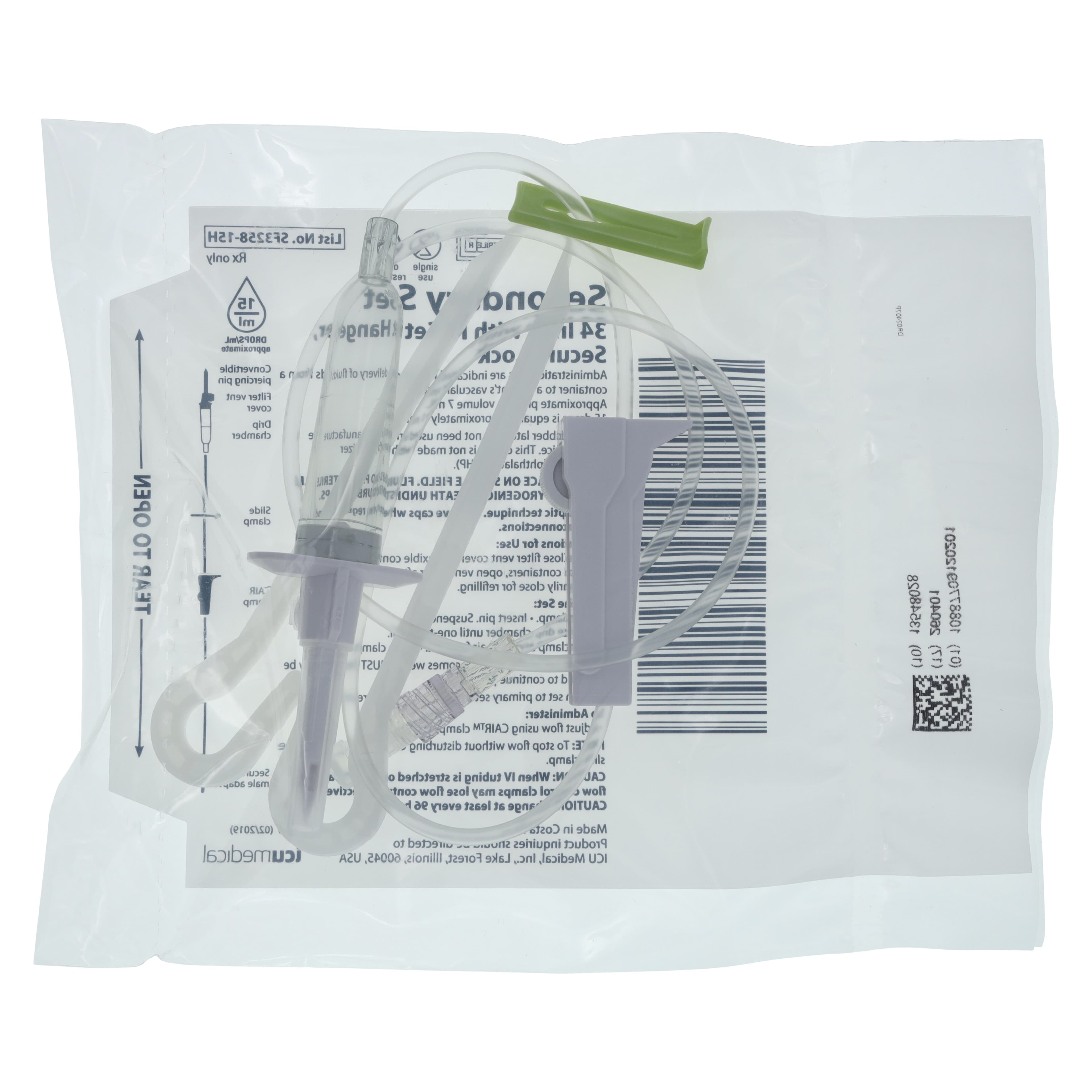 ICU Medical IV Administration Set with Bag Hanger, 15 Drops/mL, Priming Volume 4mL, 34" Tubing, Rotating Adapter, Roller Clamp, Clear, 50/Case thumbnail 2