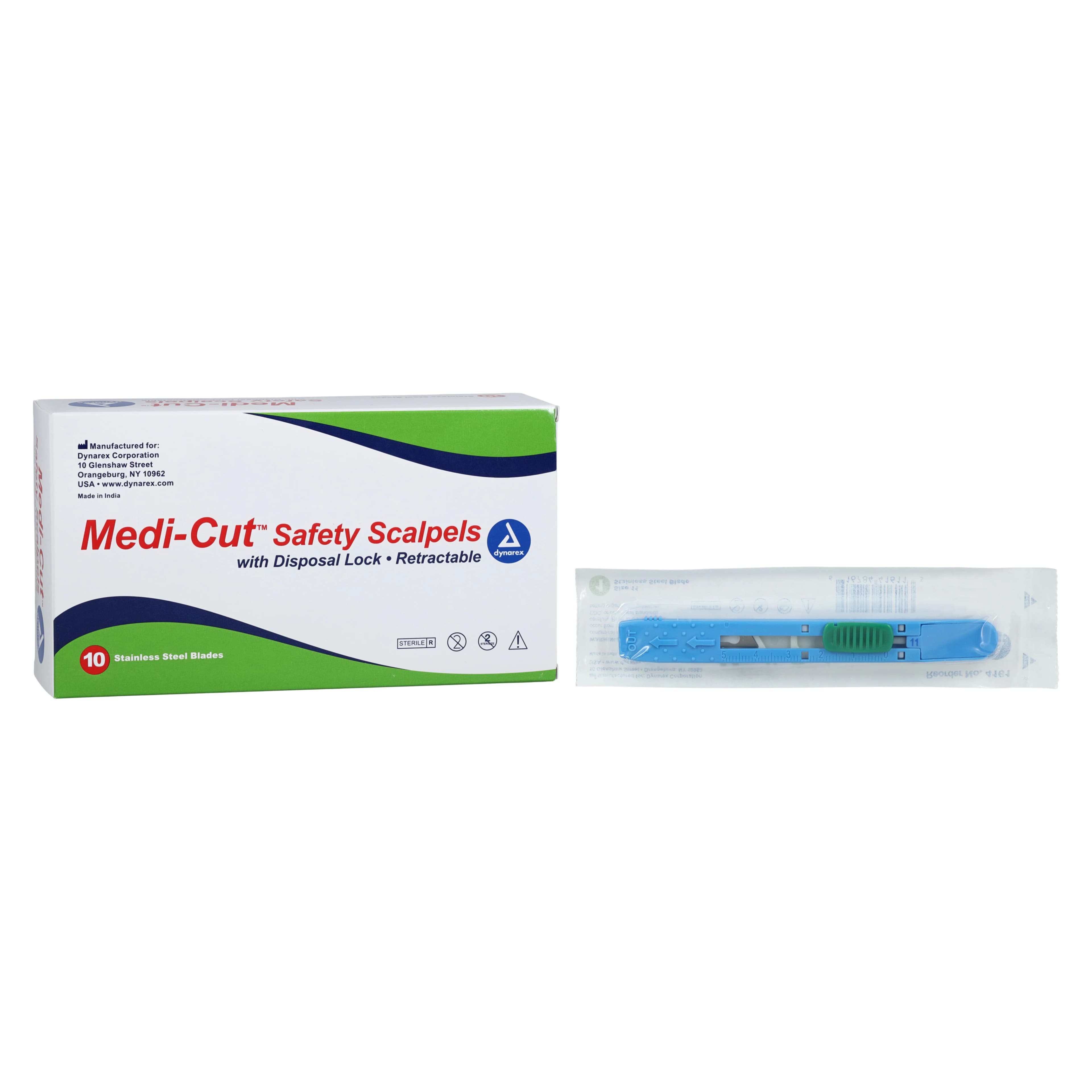 Dynarex Medicut #11 Stainless Steel Surgical Scalpel Blade with Plastic Handle, Sterile, Retractable Safety, 10/Pk, #4161 - Medicut #11 Stainless Steel Surgical Scalpel Blade with Plastic Handle, Sterile, 10/Pk - Image 1