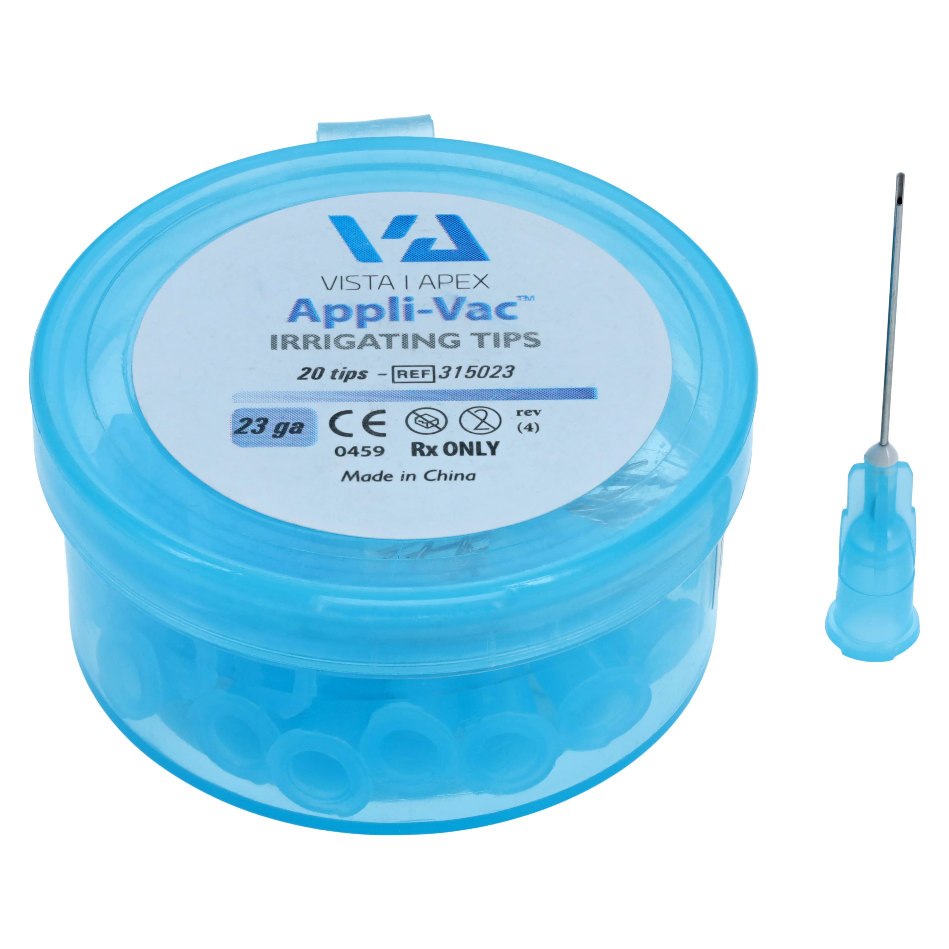 Vista Apex Appli-Vac Bendable Side Vent Irrigating Needle Tips, 23 Gauge, Blue, 1", 20/Pkg, 315023 - Vista Dental - Appli-Vac Bendable Side Vent Irrigating Needle Tips 23 Gauge - Image 1