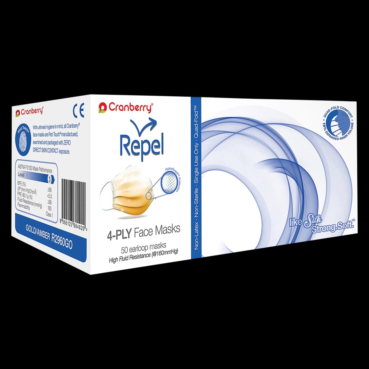 Cranberry Repel 4-Ply Earloop Procedure Face Mask, ASTM Level 3, Fluid Resistant, Gold, 50/Box, R2960G - Cranberry Repel Procedure Face Mask ASTM Level 3 Gold Box of 50 - Image 1