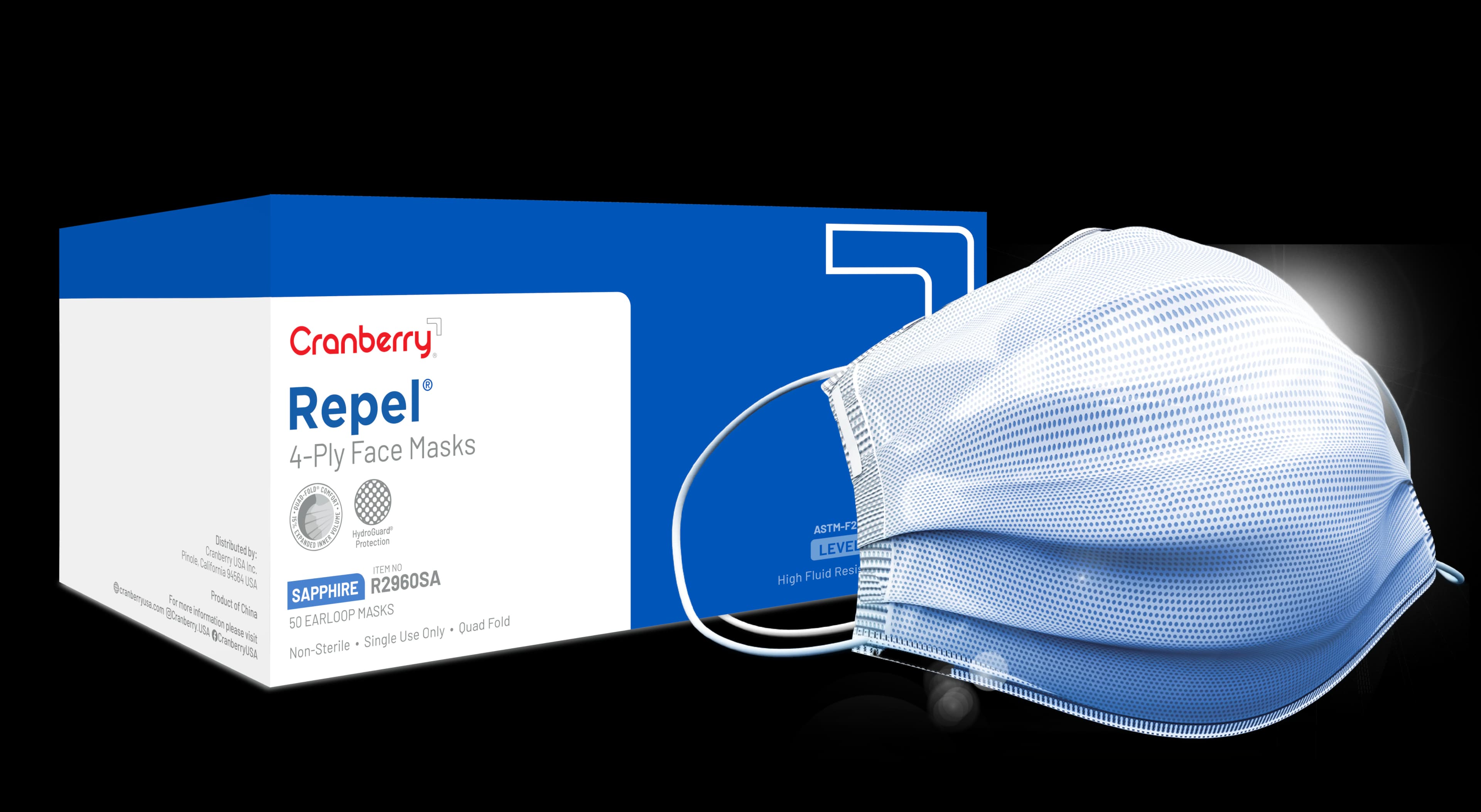 Cranberry Repel 4-Ply Procedure Face Mask, ASTM Level 3, Sapphire, Ear Loop, 50/Box, R2960SA thumbnail 2