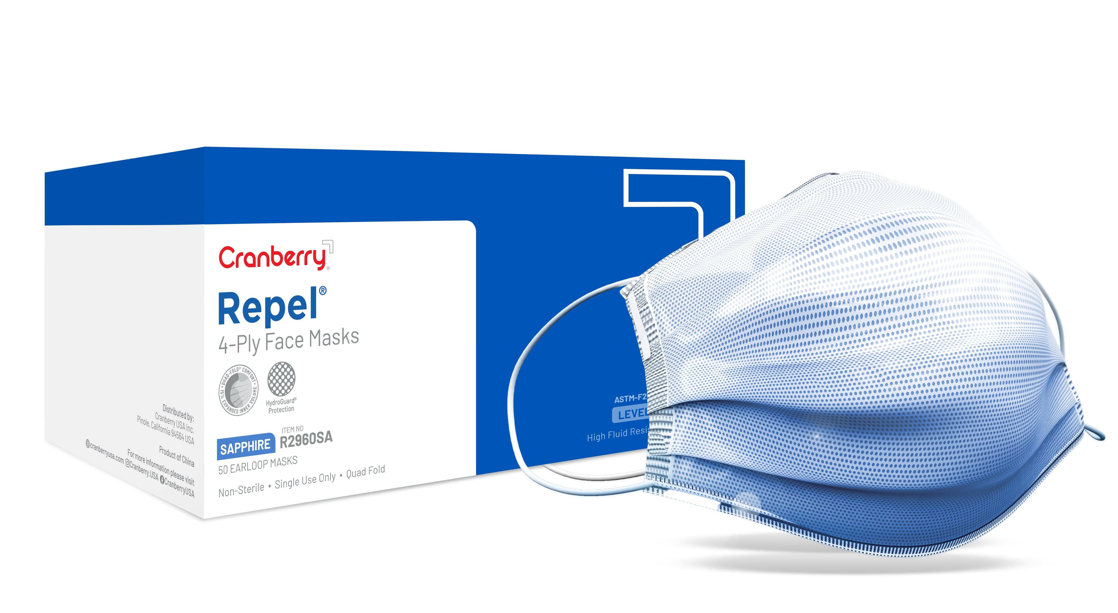 Cranberry Repel 4-Ply Procedure Face Mask, ASTM Level 3, Sapphire, Ear Loop, 50/Box, R2960SA thumbnail 8