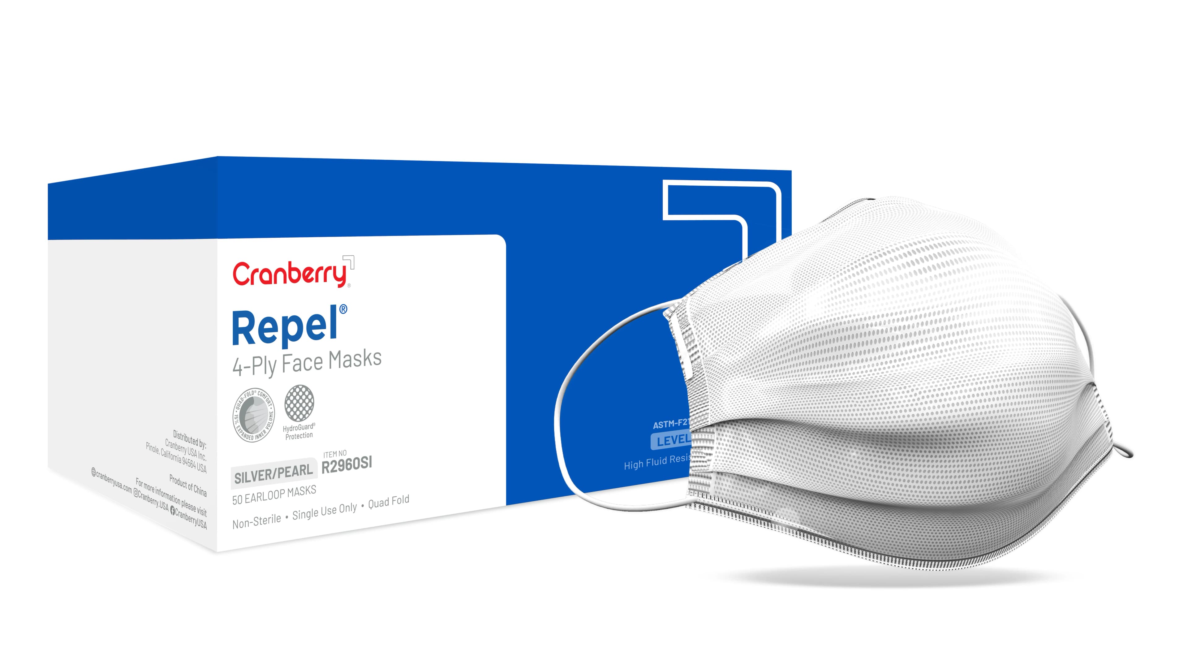 Cranberry Repel 4-Ply Earloop Procedure Face Mask, ASTM Level 3, Pearl Silver, 50/Box, R2960SI thumbnail 11