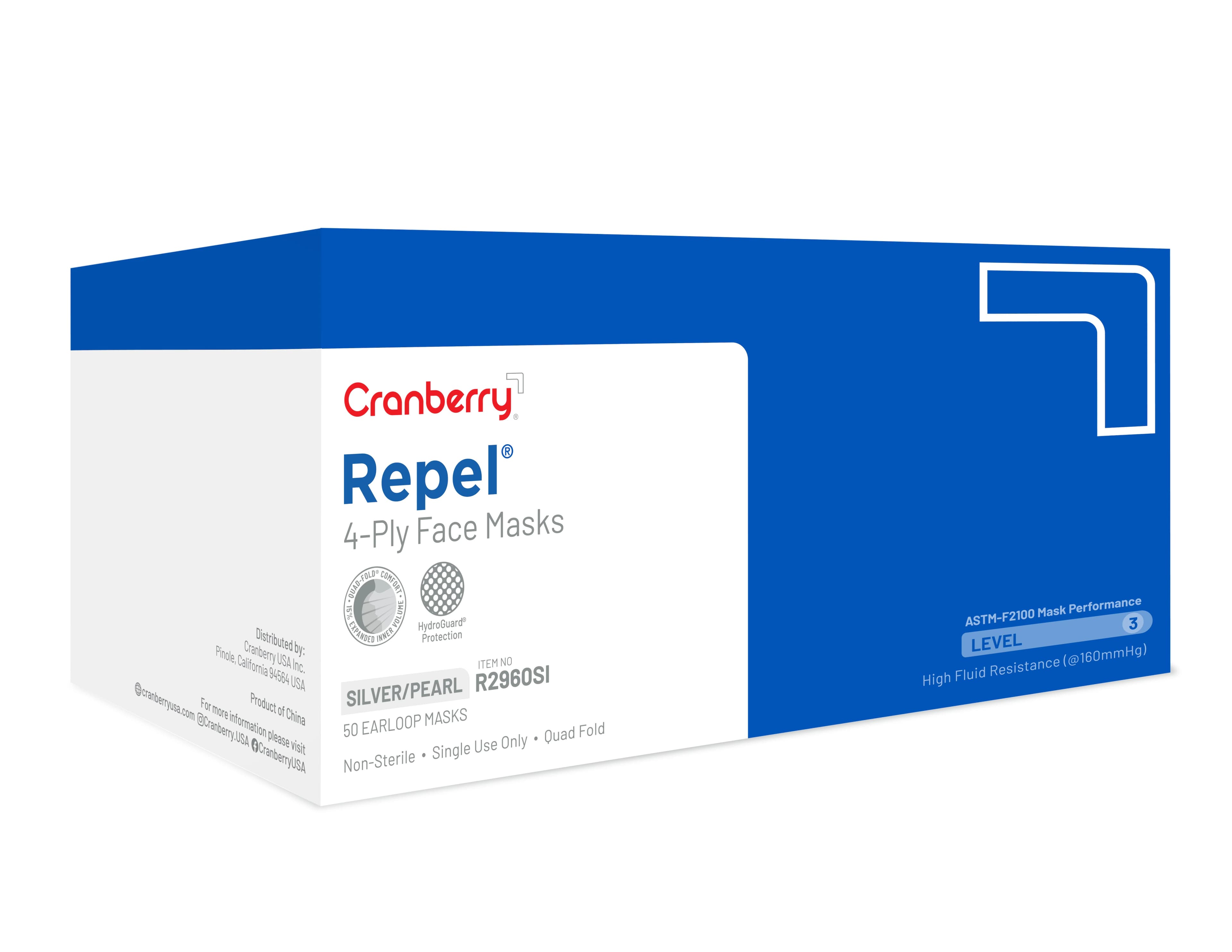 Cranberry Repel 4-Ply Earloop Procedure Face Mask, ASTM Level 3, Pearl Silver, 50/Box, R2960SI thumbnail 12