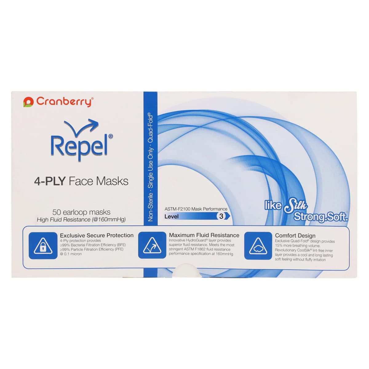Cranberry Repel 4-Ply Earloop Procedure Face Mask, ASTM Level 3, Pearl Silver, 50/Box, R2960SI thumbnail 9