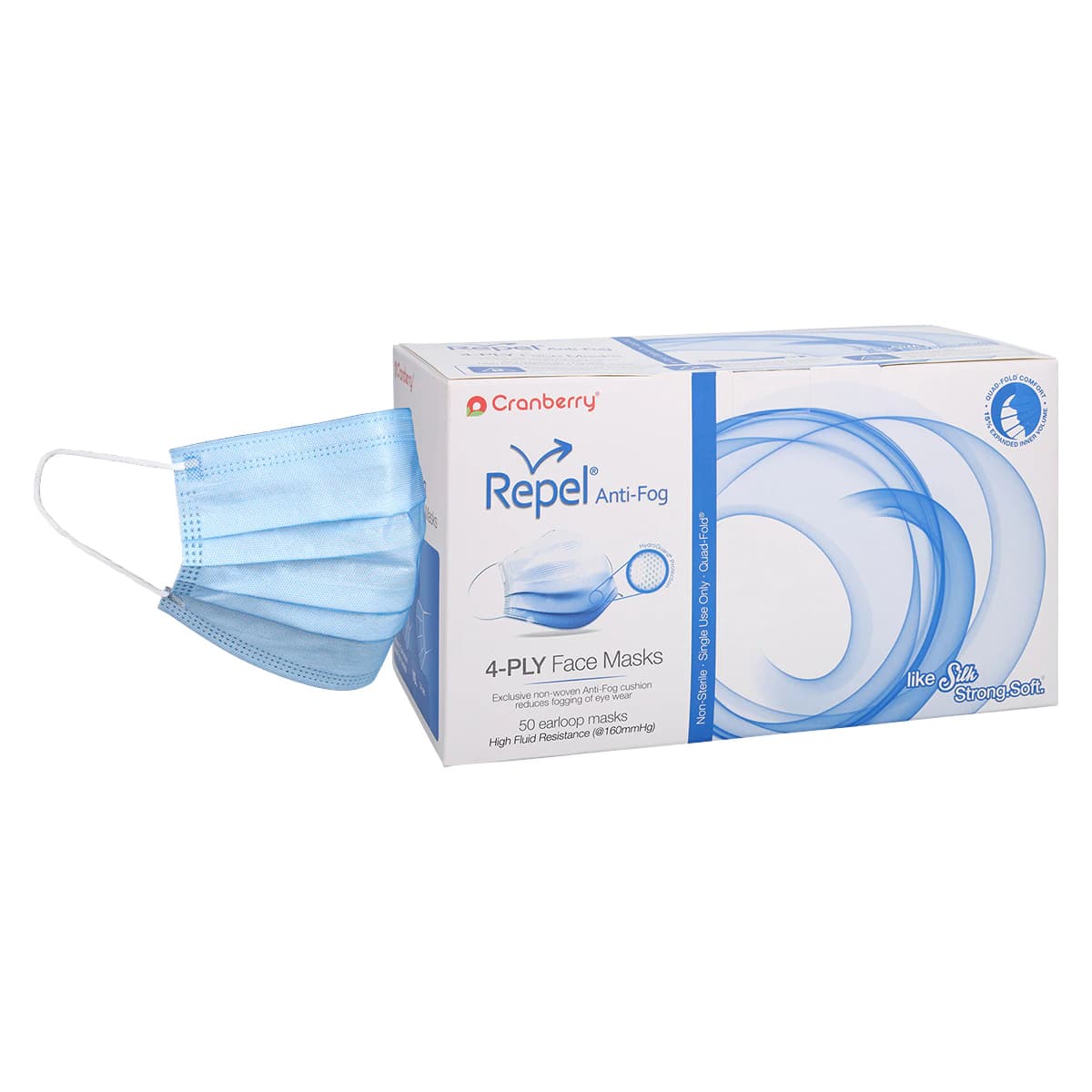 Cranberry Repel 4-Ply Anti-Fog Earloop Face Mask, ASTM Level 3, Sapphire, 50/Box, R2970SA thumbnail 2