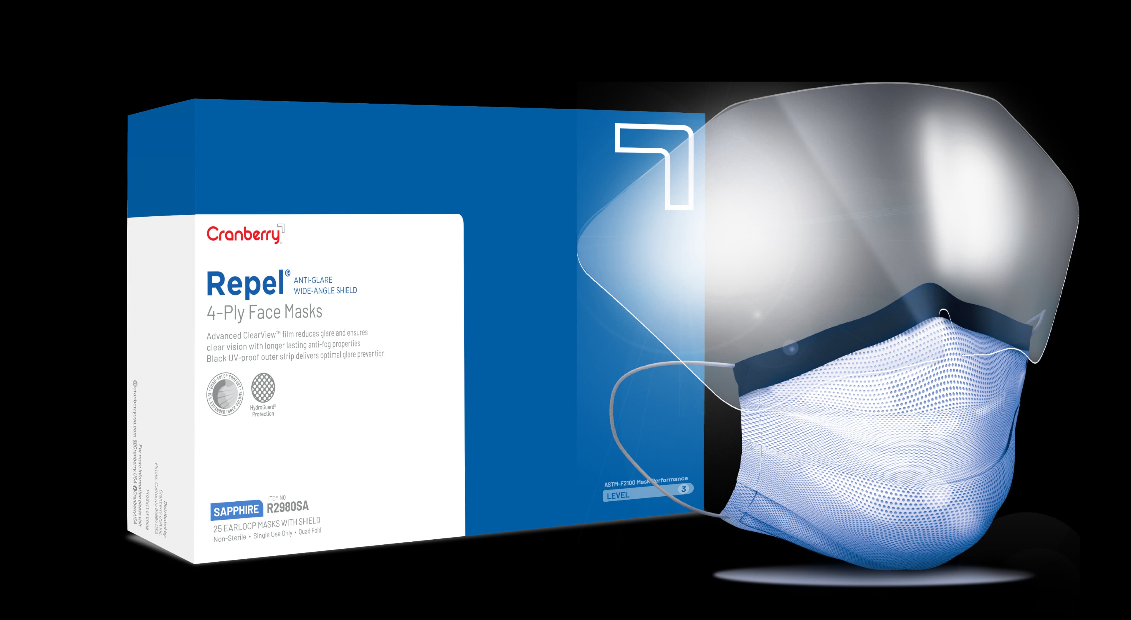 Cranberry Repel 4-Ply Anti-Glare Wide-Angle Shield Earloop Face Mask, ASTM Level 3, Sapphire, 25/Box, R2980SA - Repel 4-Ply Anti-Glare Wide-Angle Shield Face Masks - Image 1