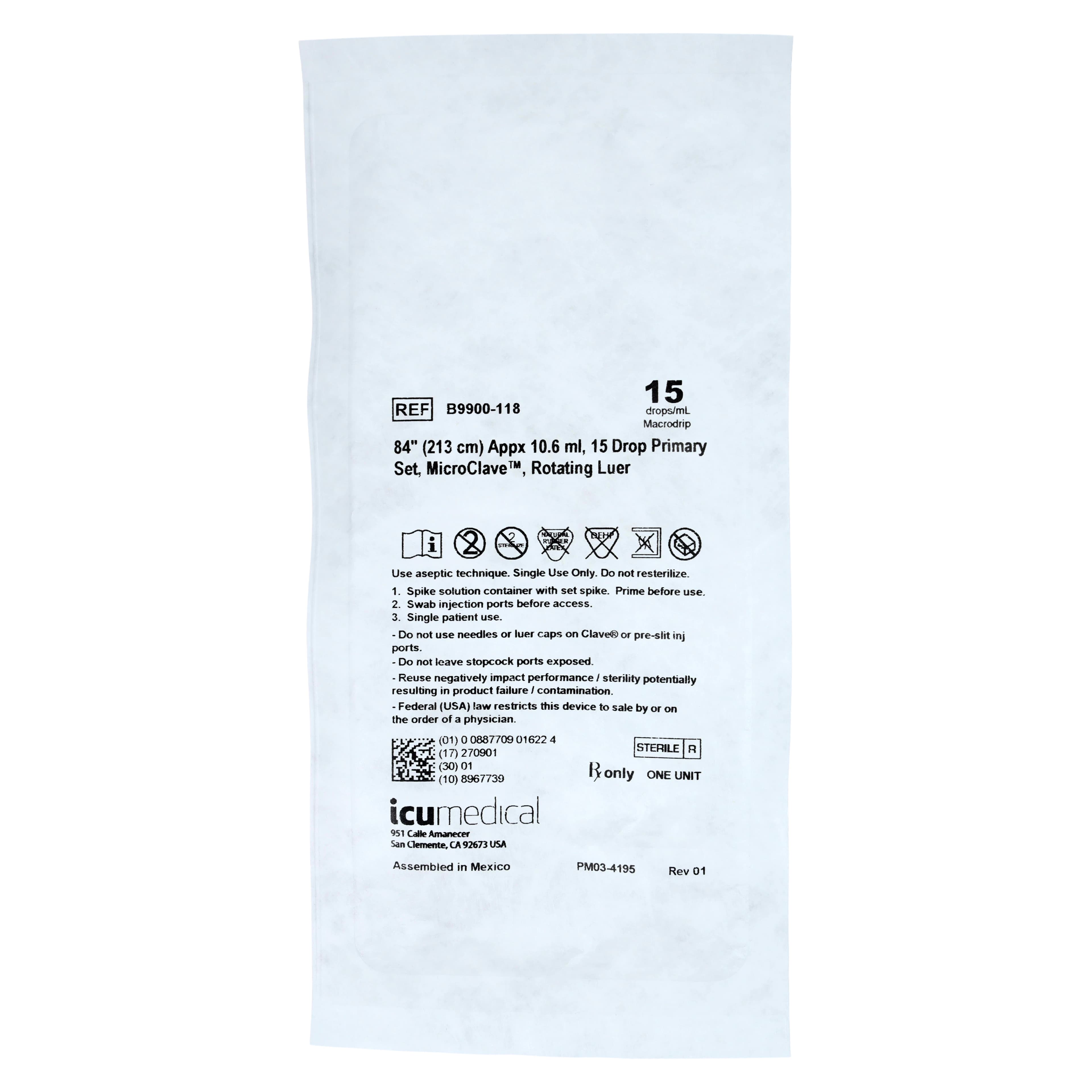 ICU Medical Bravo IV Administration Set, 15 Drops/mL, 84" Tubing, 25/Case - IV Admin Set Bravo 24HR 84" - Image 1