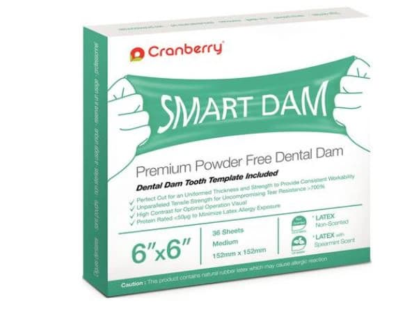 Cranberry SmartDam Latex Dental Dam, Unscented, 6" x 6", Medium Gauge, Blue, 36/Box, CR8166NS - Cranberry Latex SmartDam Unscented 36/Box CR8166NS - Image 1