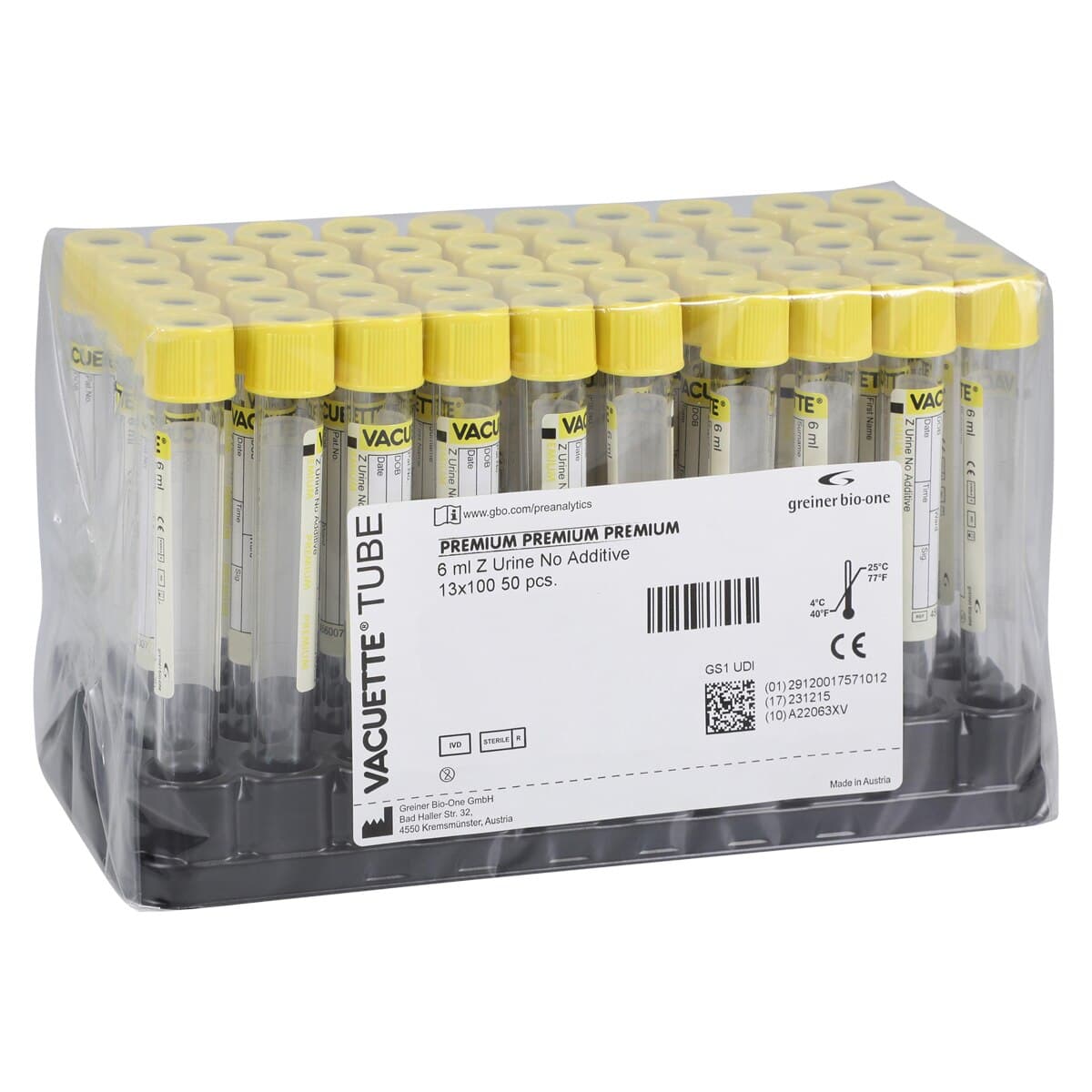 Greiner Bio-One Vacuette Urine Collection Tube, Round Bottom, 6.5mL, 13x100mm, Yellow Screw Cap, 1200/Case - Urine Tube Round Bottom - Image 1
