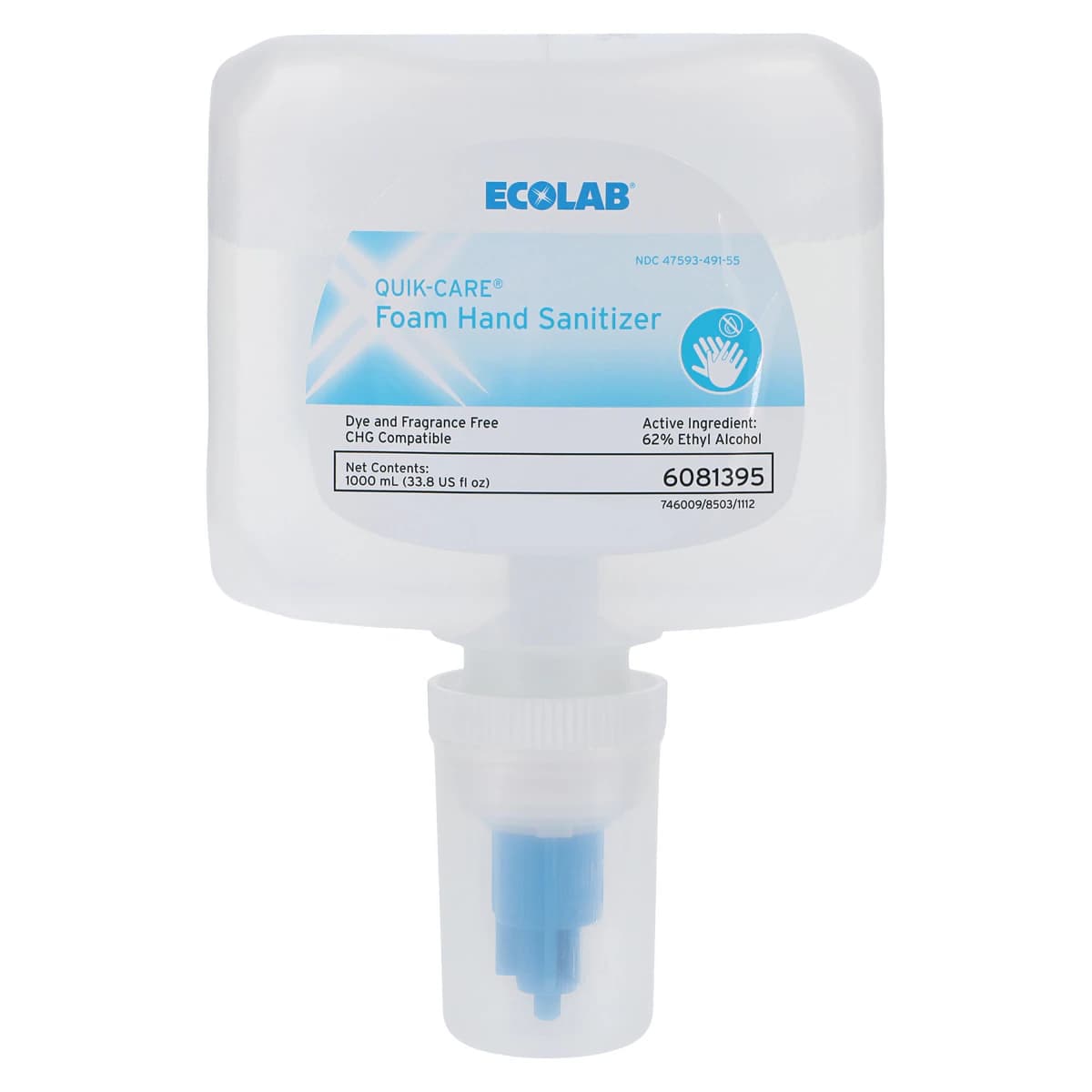 Ecolab Quik-Care™ Foam Hand Sanitizer, 62% Ethyl Alcohol, Dye-Free & Fragrance-Free, 1000 mL Refill, Case of 8 - Quik-Care™ Foam Hand Sanitizer 1000 mL Case of 8 - Image 1