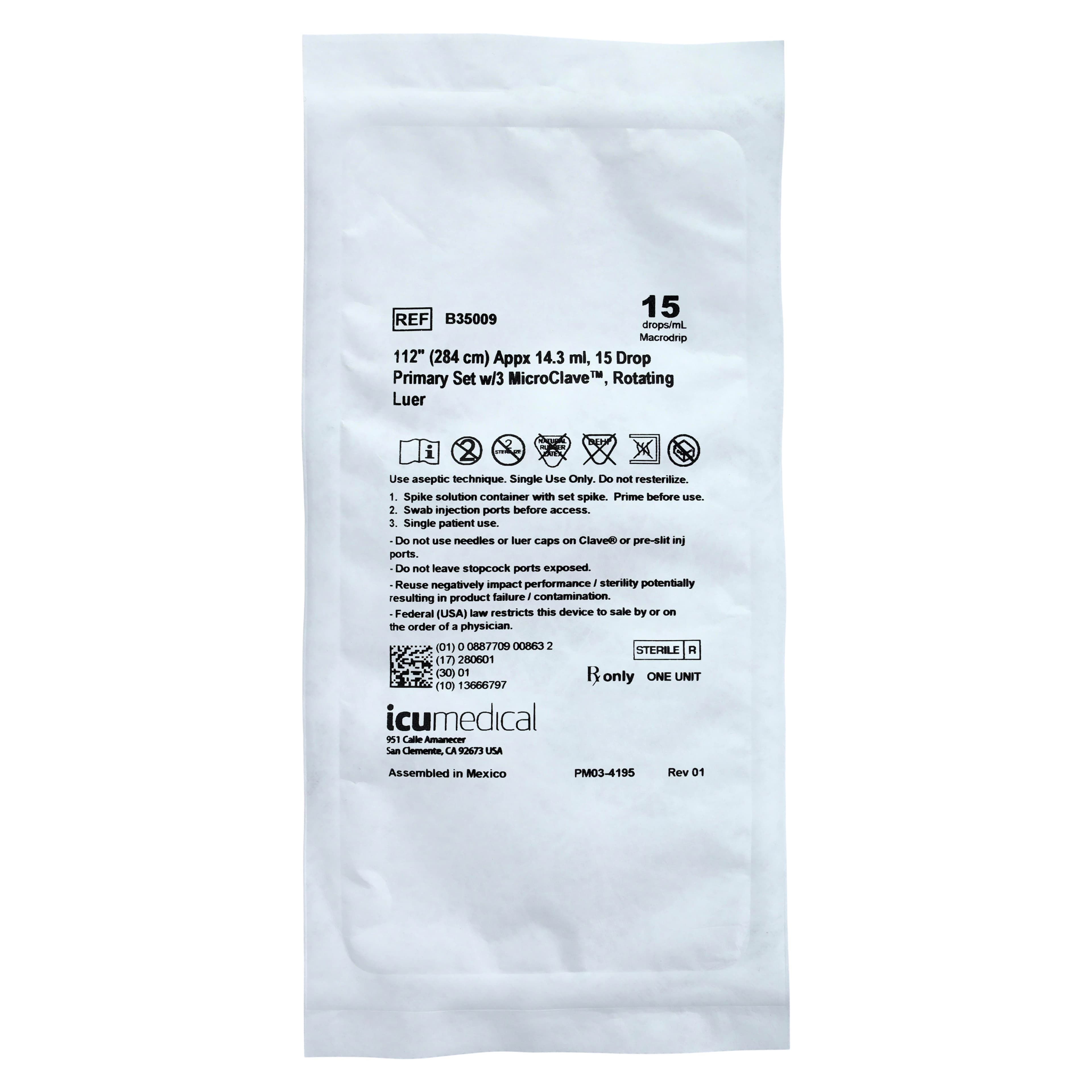 ICU Medical Bravo IV Primary Administration Set, 15 Drops/mL, 112", 3-Port, Rotating Adapter, 50/Case - IV Primary Set 15Drop 3Port - Image 1