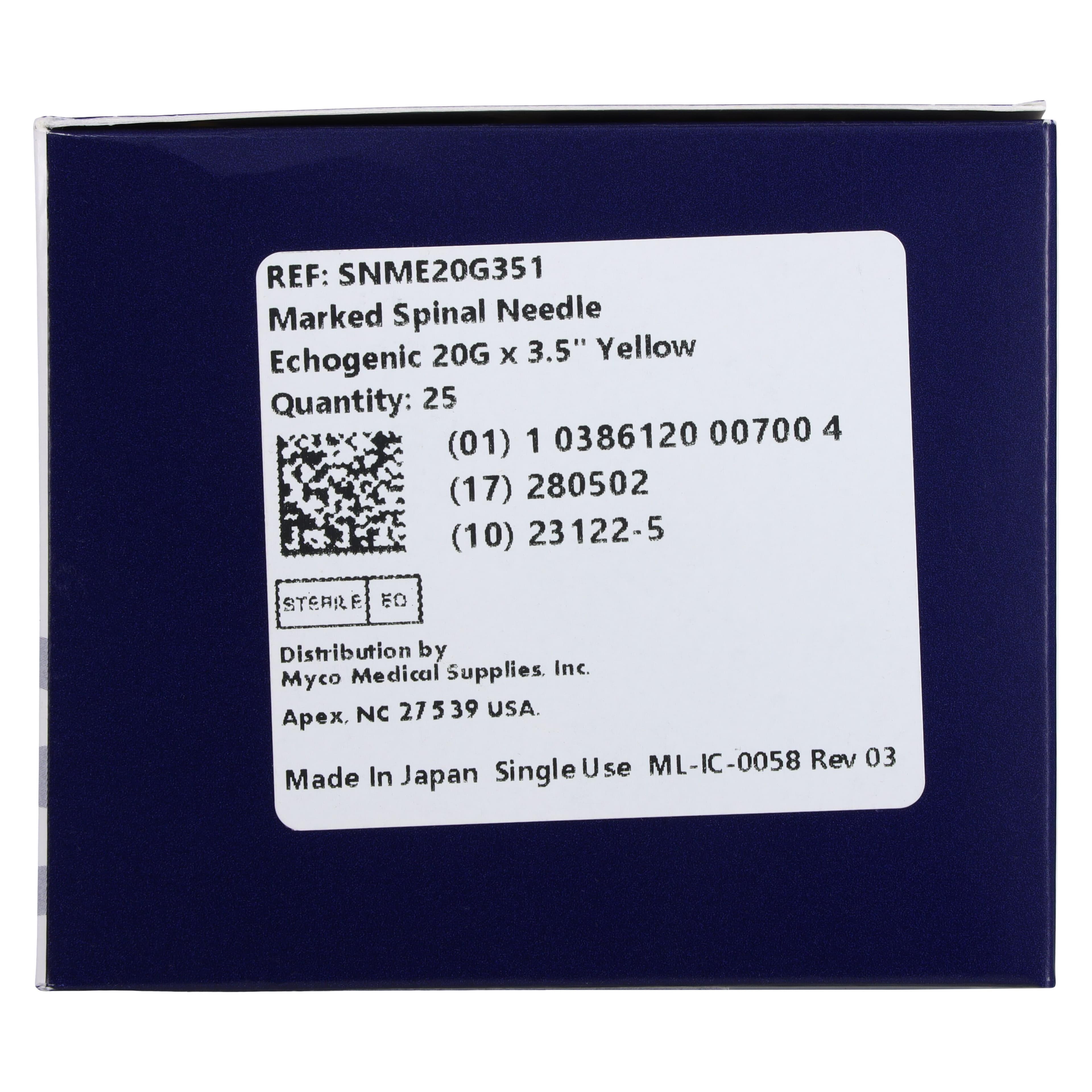 Quincke Spinal Needle, 20G x 3.5", Echogenic Stylet Tip, Yellow, Sterile, 25/Bx, SNME20G351 thumbnail 4