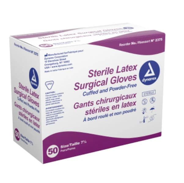 Dynarex Sterile Latex Surgical Gloves, Size 7.5, Powder-Free, 50/Box, #2375 - Latex Surgical Gloves Size 7.5 (50) - Image 1