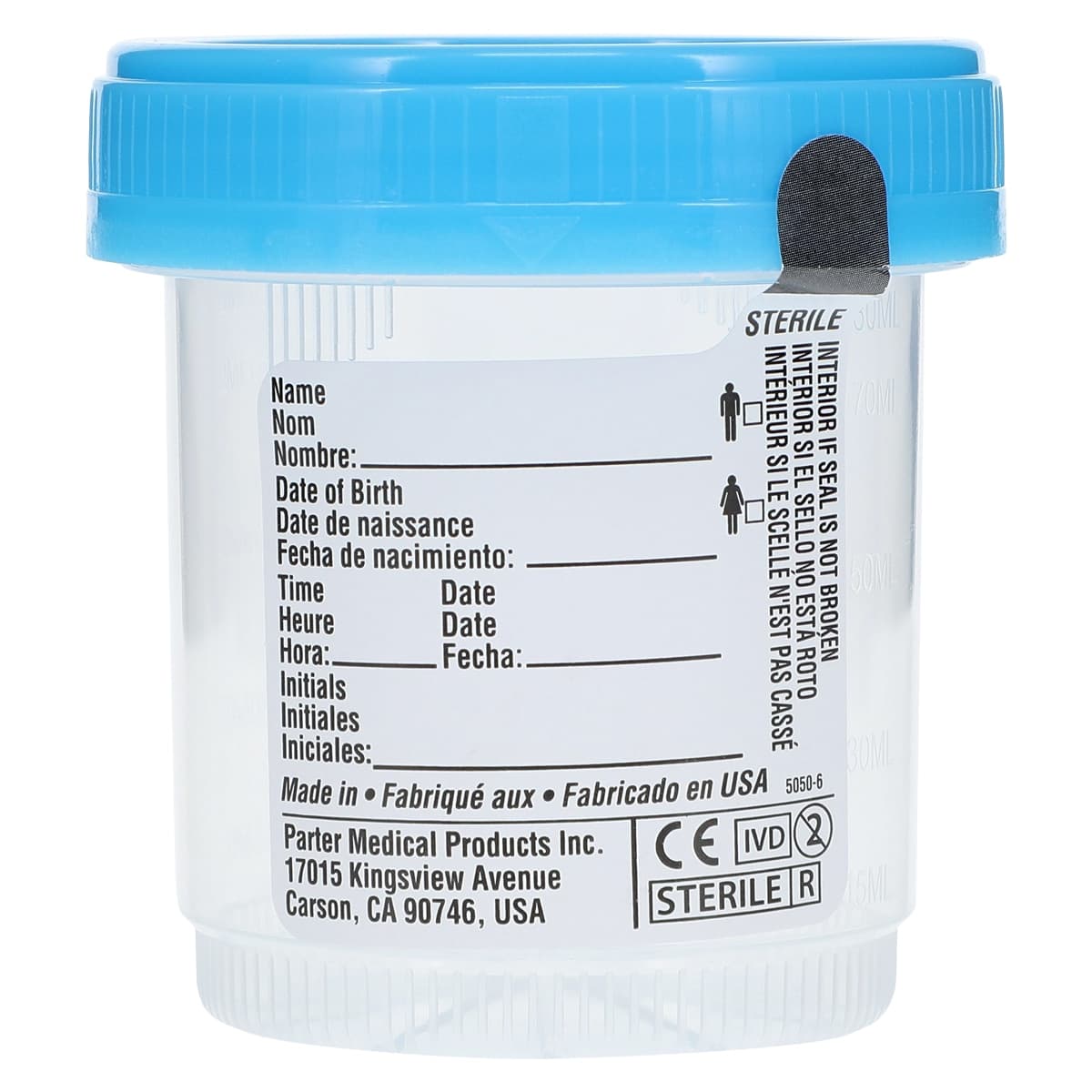 Azer Scientific DuoClick Specimen Container, 90mL, Polypropylene, Sterile, Graduated, Blue Screw Cap, Clear, 400/Case - Cup Specimen Duo-Click Cap Blu - Image 1