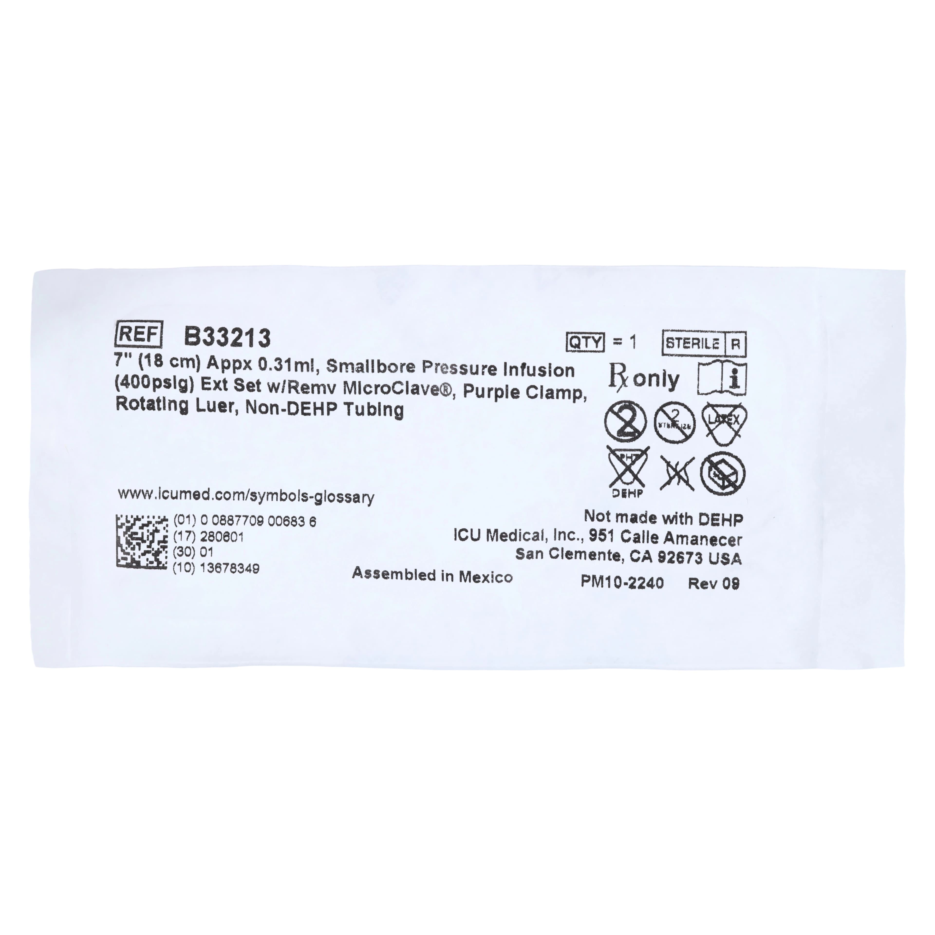 ICU Medical IV Extension Set, Needleless, 7" Small Bore, Rotating Adapter, Removable Slide Clamp, Removable Clave, Non-DEHP, Clear, 50/Case - Ext Set Smallbore 7"Remove Clv - Image 1