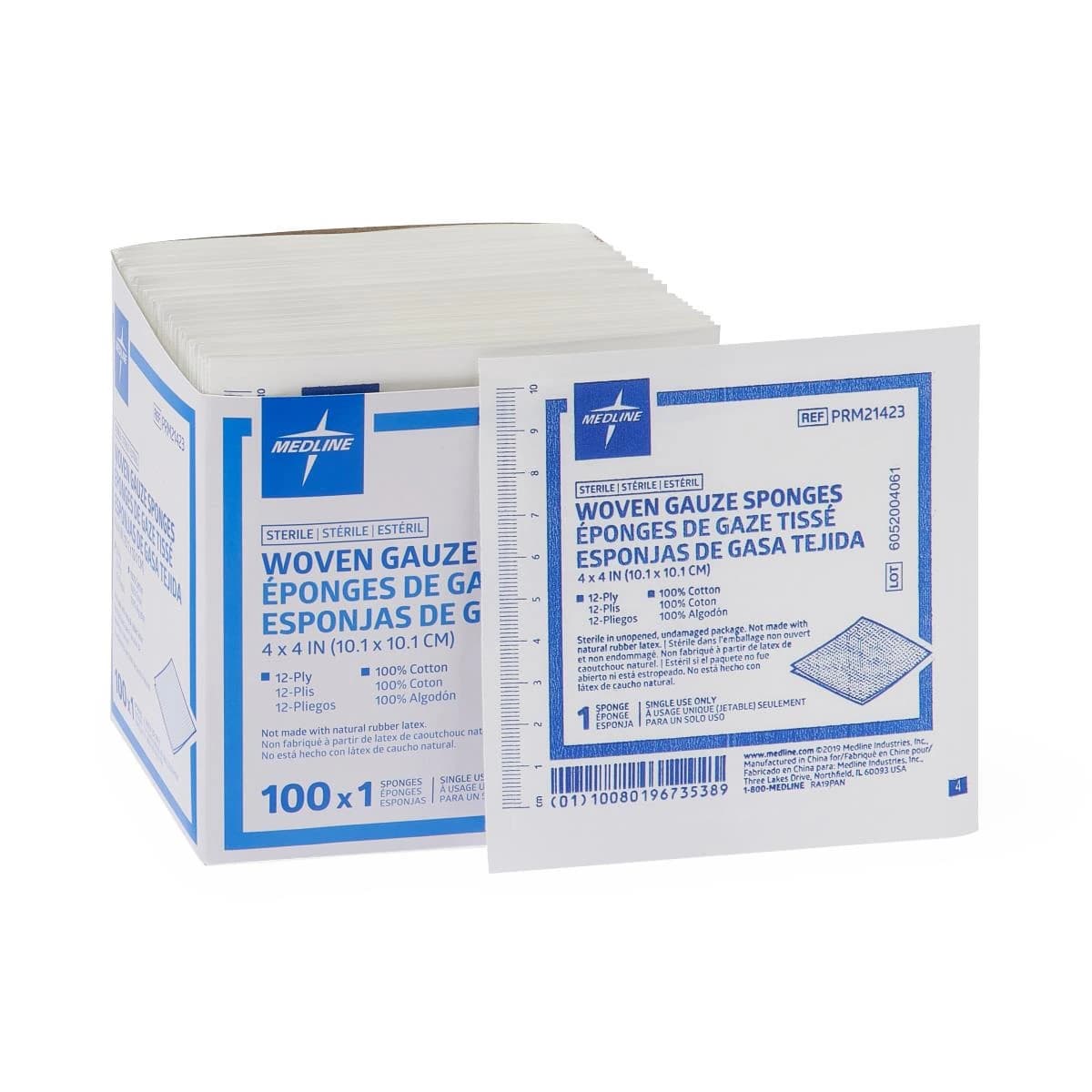 Medline Cotton Gauze Sponge, 4x4", 12 Ply, Woven, Sterile, Non-Latex - Gauze Sponge Woven ST 12Ply - Image 1