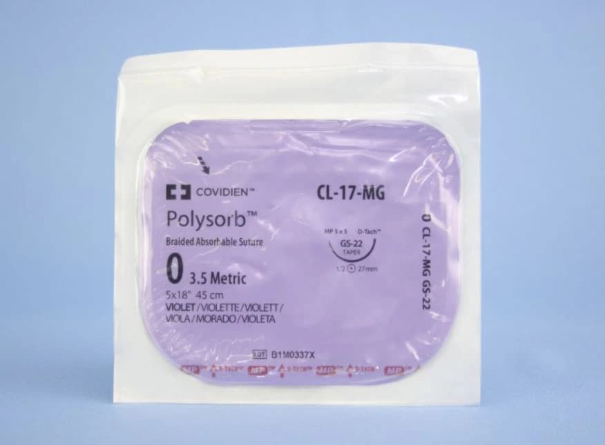 Medtronic Polysorb Absorbable Suture, Size 0, 18" Polyester Braid, GS-22, Taper Point 1/2 Circle Needle 27mm, Coated Violet, 12/Case - Suture Polysorb GS-22 - Image 1