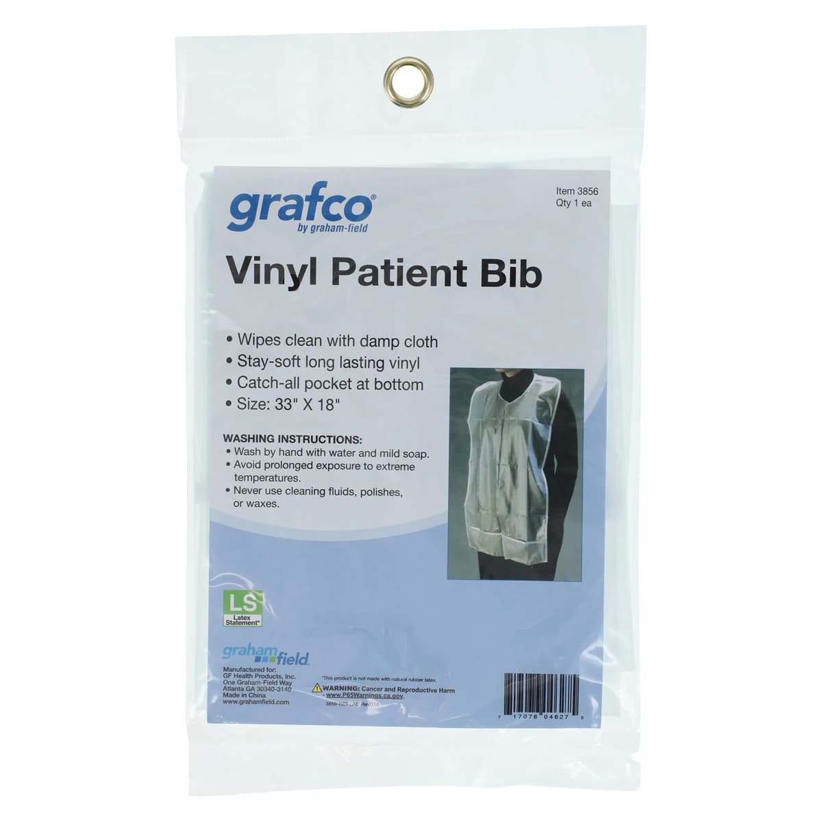 Graham-Field Bib Apron with Pockets, Vinyl, X-Large, Translucent, 33 in x 18 in, Reusable - Apron Bib w/Pockets Vinyl XL - Image 1