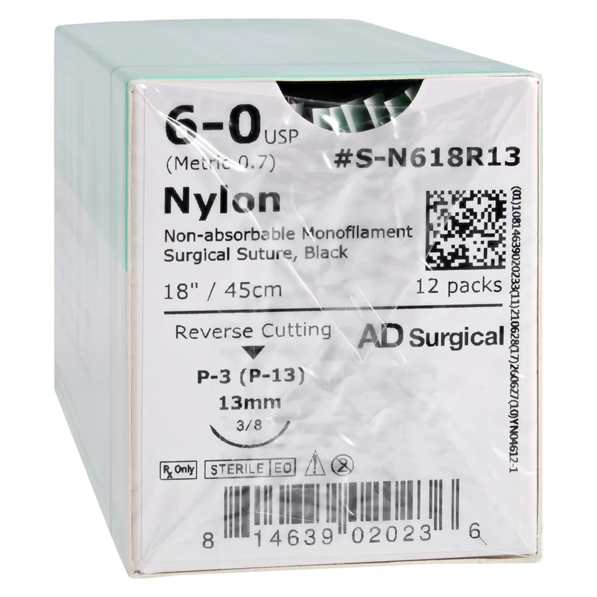 Unify Suture Nylon Monofilament 6-0, 18" Non-Absorbable, P-13 Reverse Cutting 3/8 Circle Needle 13mm, Black, 12/Box - Suture Nylon P-13 Black - Image 1