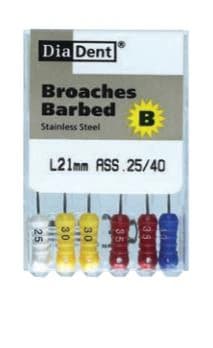 #25 XXXF Barbed Broaches, 21mm, Non-Sterile, Color Coded, 6/Box, Diadent - #25 XXXF Barbed Broaches 21mm Pack of 6 - Image 1
