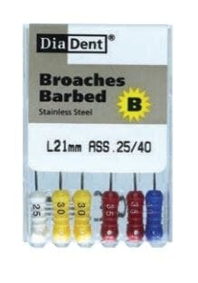 #25 XXXF Barbed Broaches, 25mm, Non-Sterile, Color Coded, 6/Box, Diadent - #25 XXXF Barbed Broaches 25mm Pack of 6 - Image 1