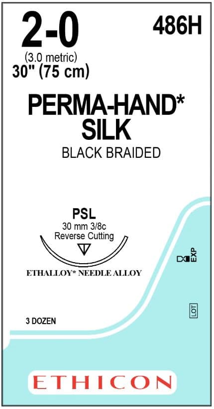 Ethicon Perma-Hand Silk Braided Non-Absorbable Suture, Size 2-0, 30 Inch, Black, PSL Reverse Cutting 3/8 Circle Needle, 36/Box - Sutures Ethicon Perma-Hand Silk Precision Point Reverse Cutting Size 2-0 30 Inch Black Braided Needle Psl 3/8 Circle 3 Dz/Bx - Image 1