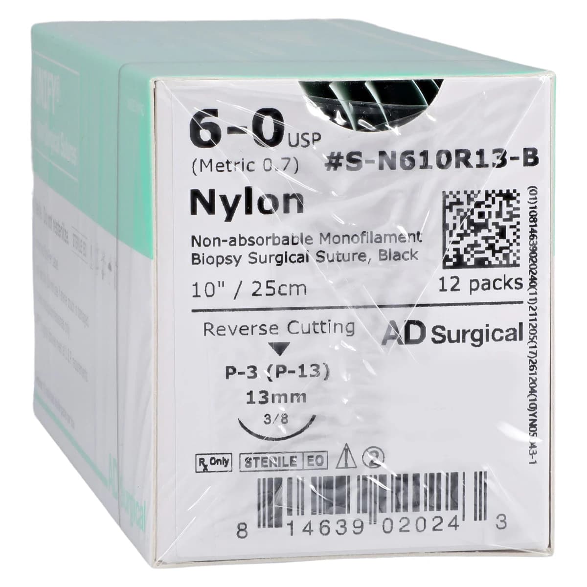 Unify Nylon Monofilament Non-Absorbable Suture, 6-0, 10", P-3 Reverse Cutting 3/8 Circle Needle 13mm, Uncoated Black, 12/Box - Suture Nylon Black P-3 Unify - Image 1