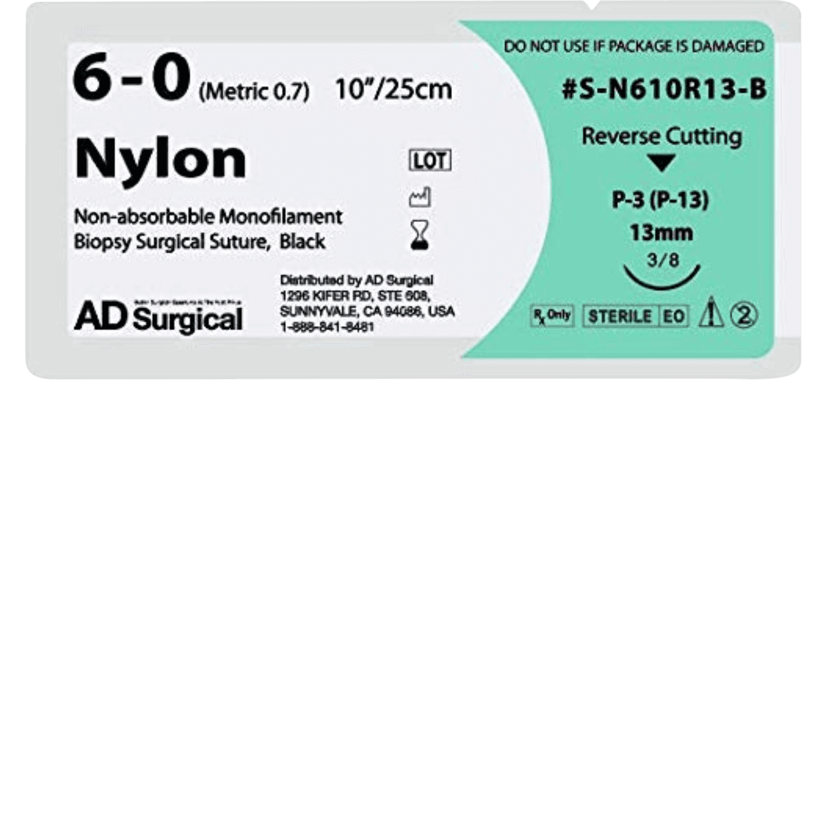 Unify Nylon Monofilament Non-Absorbable Suture, 6-0, 10", P-3 Reverse Cutting 3/8 Circle Needle 13mm, Uncoated Black, 12/Box thumbnail 2