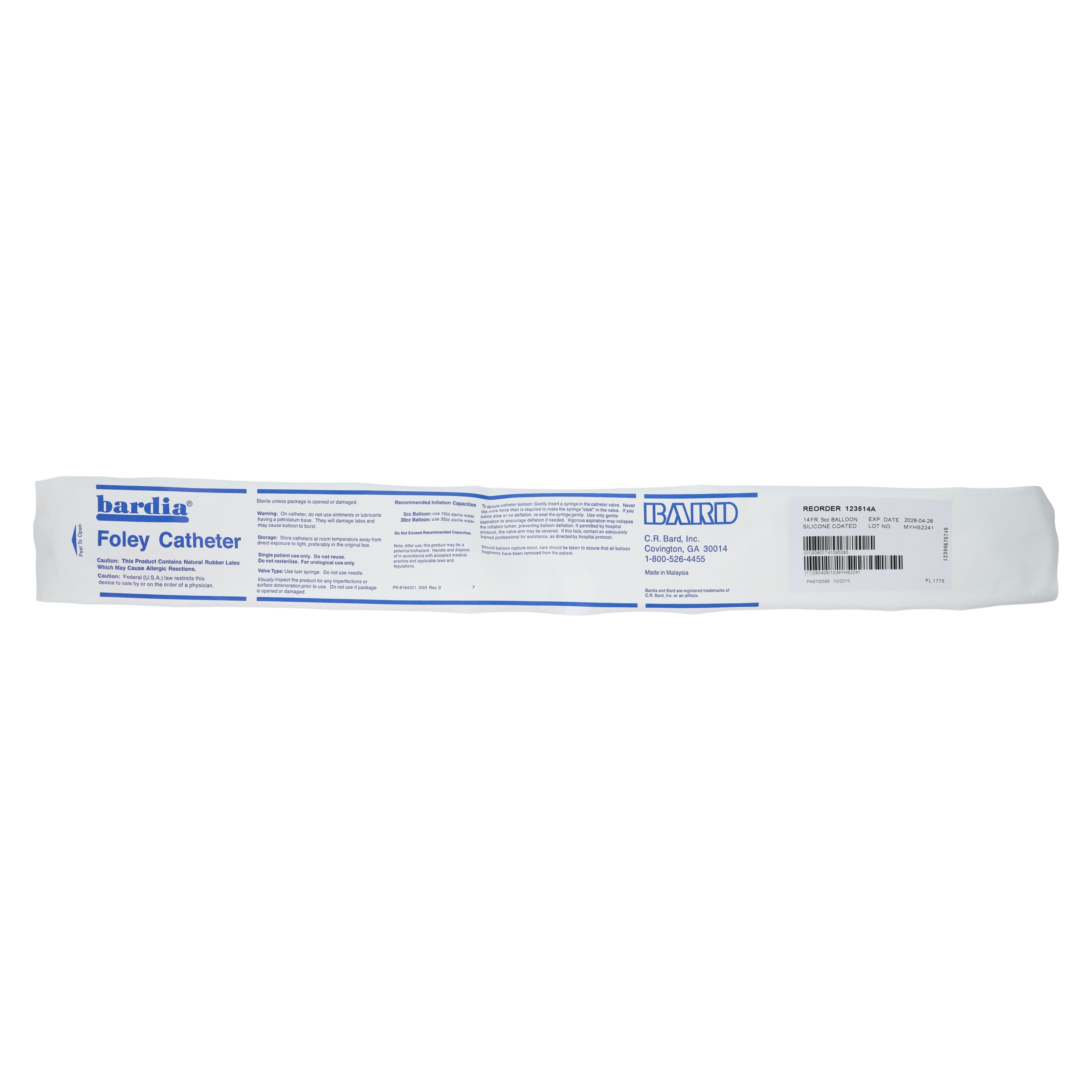 Bardia 2-Way Foley Catheter, Silicone Coated Latex, 14 Fr, 5 cc Balloon, Medium Tip thumbnail 2