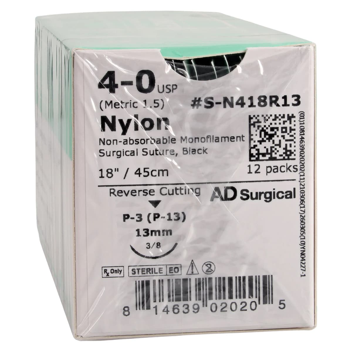 Unify Nylon Monofilament Non-Absorbable Suture, 4-0, 18", P-3 Reverse Cutting 3/8 Circle Needle 13mm, Uncoated Black, 12/Box - Suture Nylon Black P-3 Unify - Image 1