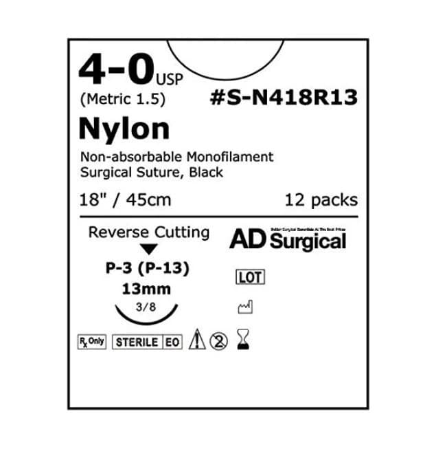 Unify Nylon Monofilament Non-Absorbable Suture, 4-0, 18", P-3 Reverse Cutting 3/8 Circle Needle 13mm, Uncoated Black, 12/Box thumbnail 2