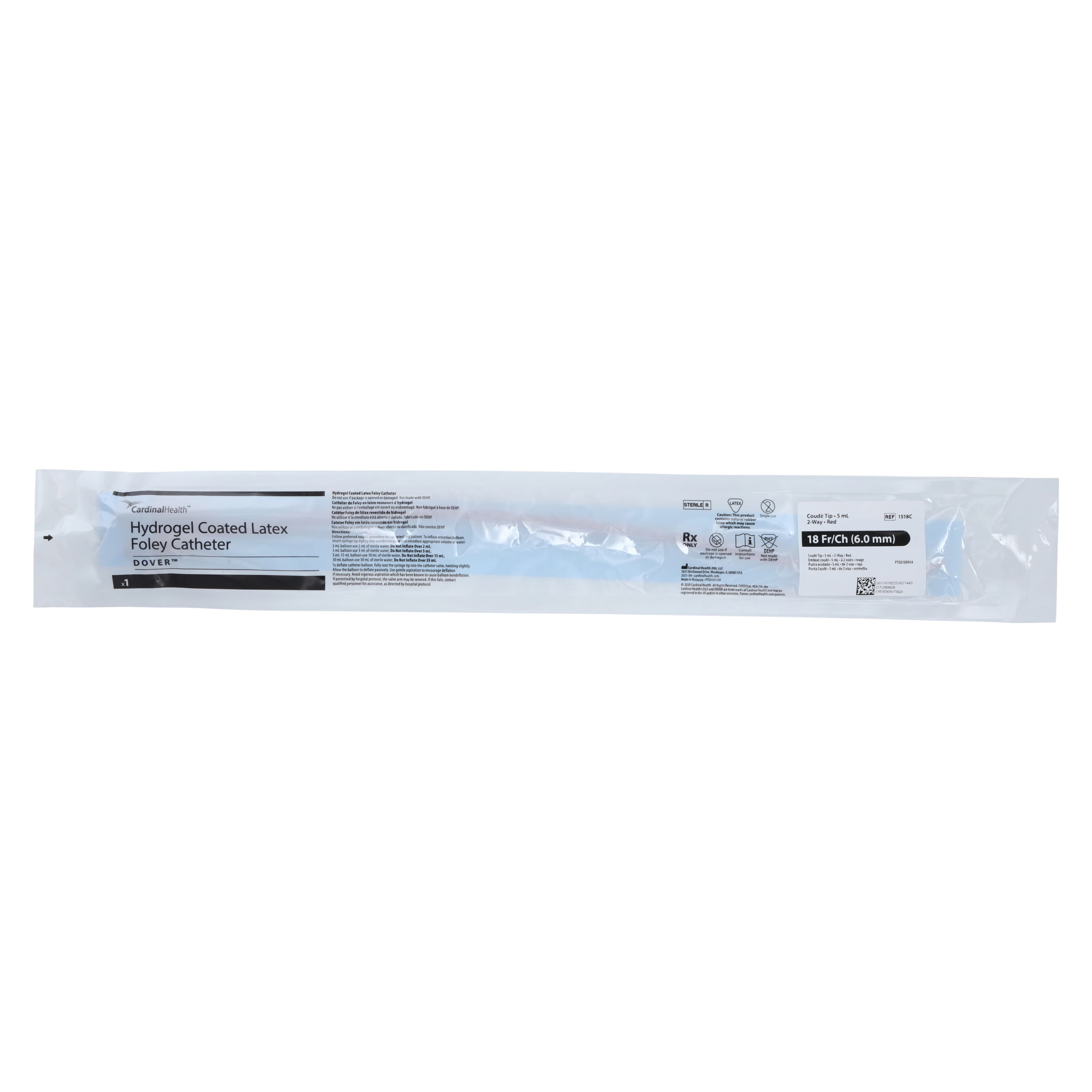 Dover 2-Way Foley Catheter, Coude Tip, Silicone, 18 Fr, 5 cc Balloon - Cath Foley Coude 18fr 5cc - Image 1