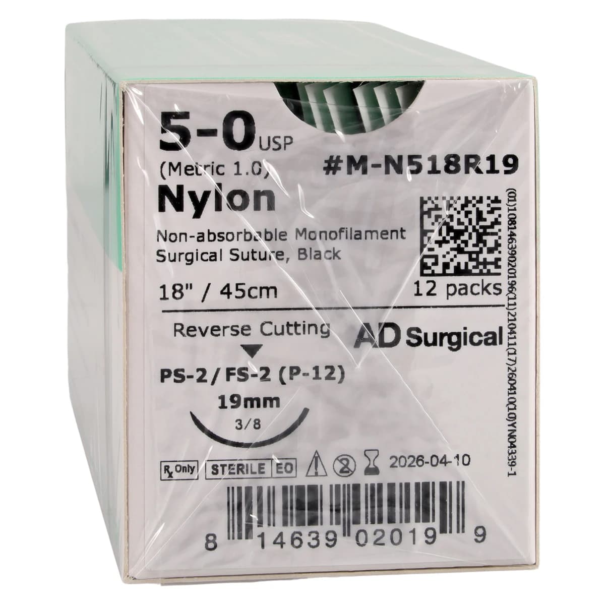 Unify Nylon Monofilament Suture, 5-0, 18", FS-2 Reverse Cutting 3/8 Circle Needle 19mm, Black, Non-Absorbable, 12/Box - Suture Nylon Black FS-2 Unify - Image 1