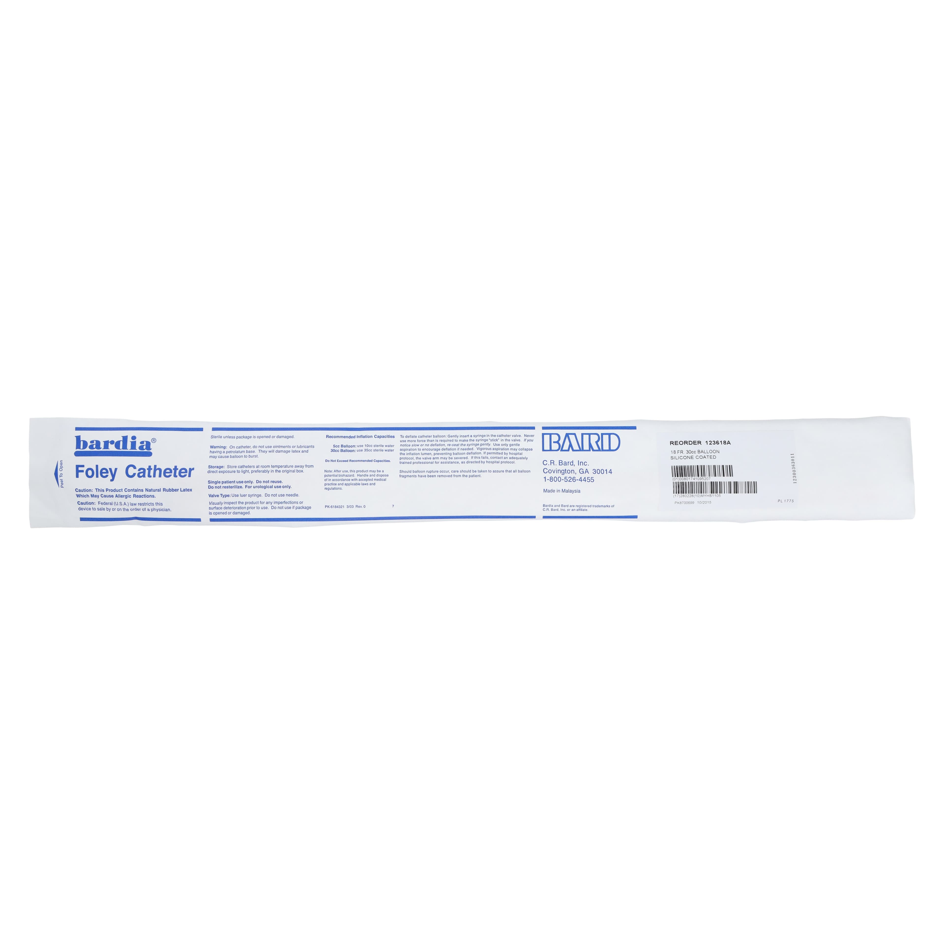Bardia 2-Way Foley Catheter, Silicone, 18 Fr, 30 cc Balloon, Medium Length Tip thumbnail 2