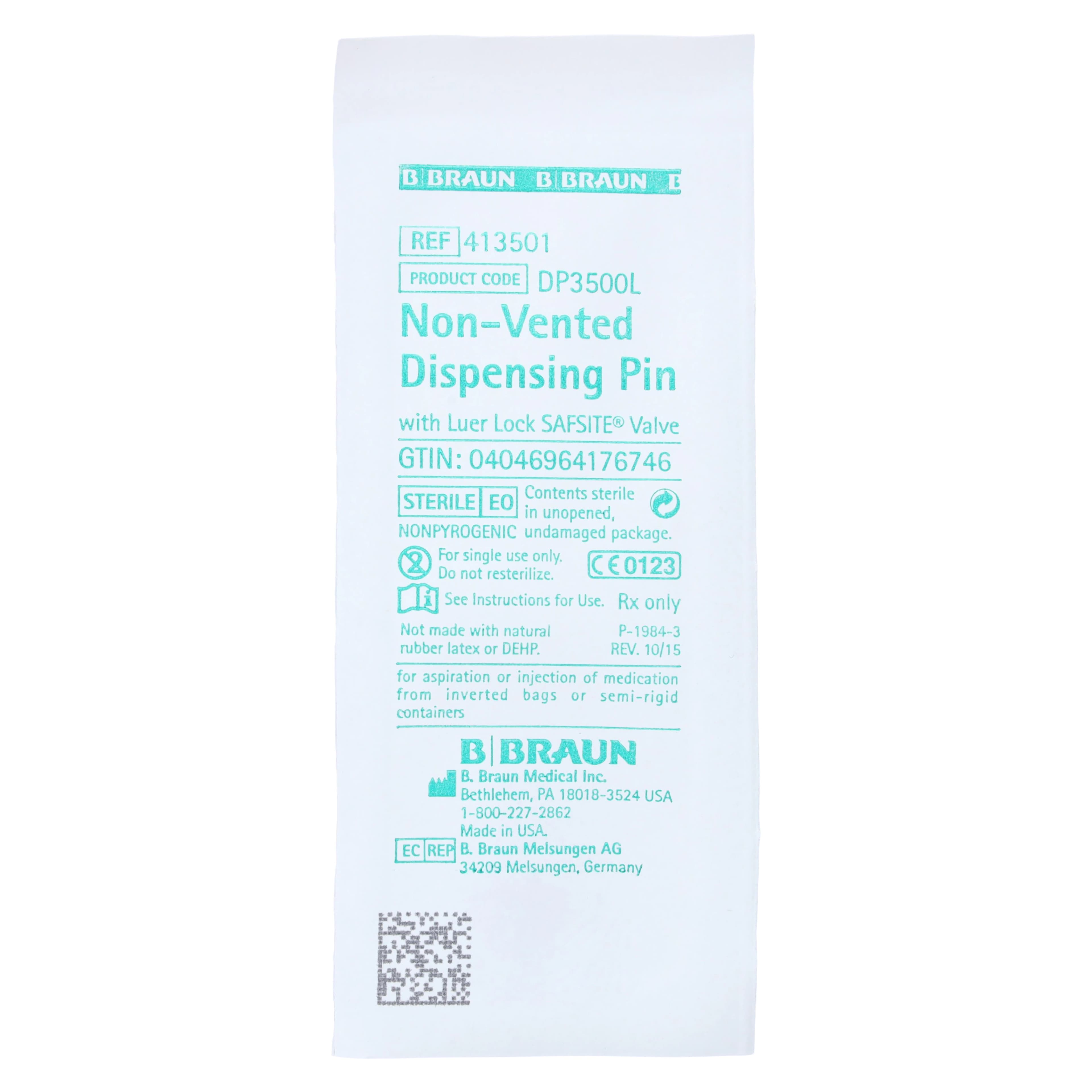 B. Braun SafSite Dispensing Pin, Luer Lock Connector, Non-Vented Spike, Automatic 2-Way Valve, Non-DEHP/Non-PVC, Sterile, 50/Case - Dispensing Pins - Image 1
